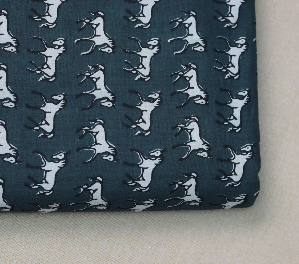 Blue Horse Print Soft Cotton Top Material – 2.50 Meters | 44" Width