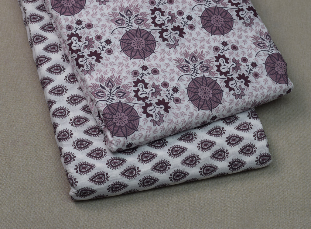 Soft Cotton Floral Print Dress Material Set – Mauve & White | Top 2.5m + Bottom 2m | 44" Width