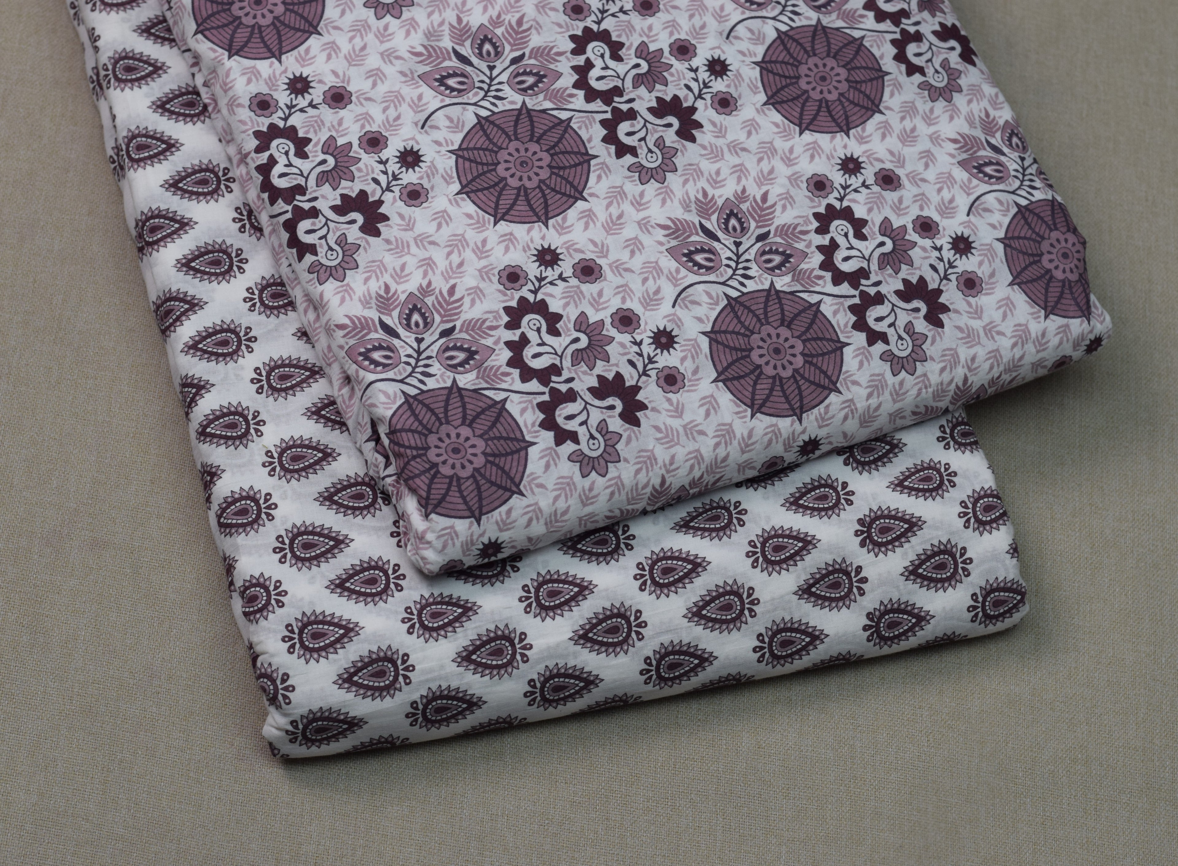 Soft Cotton Floral Print Dress Material Set – Mauve & White | Top 2.5m + Bottom 2m | 44" Width