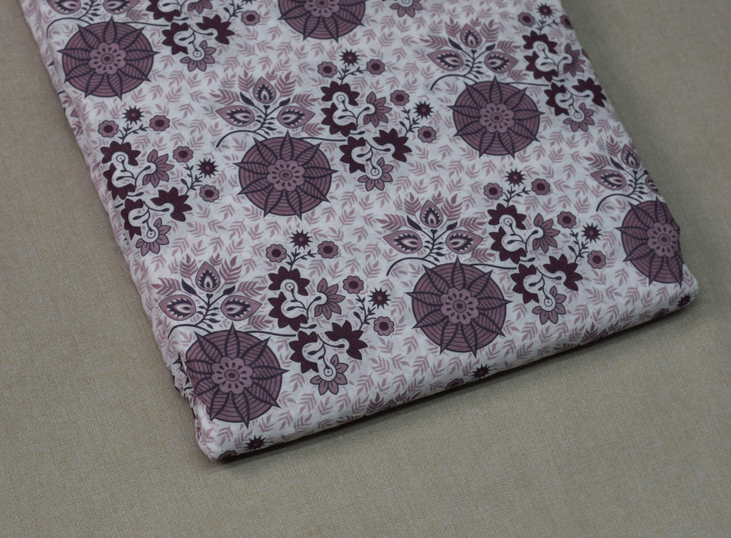 Soft Cotton Floral Print Dress Material Set – Mauve & White | Top 2.5m + Bottom 2m | 44" Width