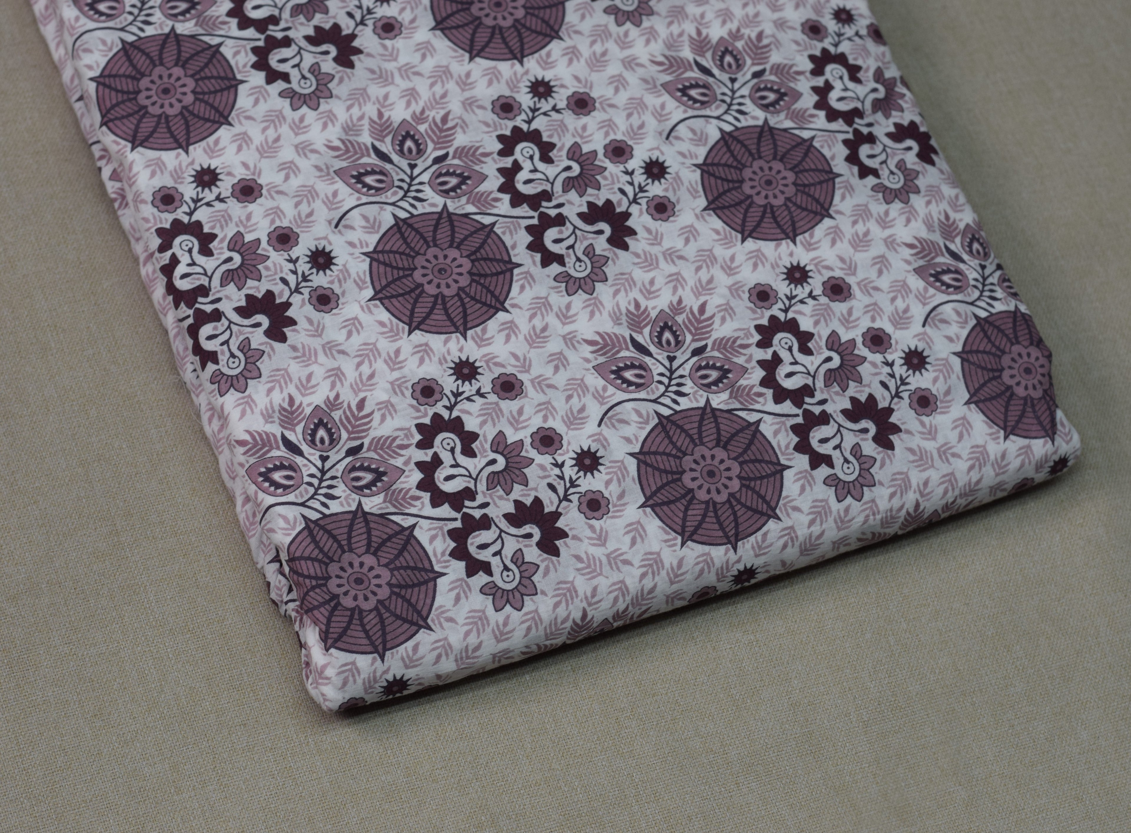 Soft Cotton Floral Print Dress Material Set – Mauve & White | Top 2.5m + Bottom 2m | 44" Width
