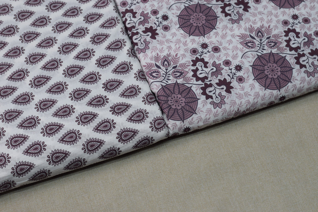 Soft Cotton Floral Print Dress Material Set – Mauve & White | Top 2.5m + Bottom 2m | 44" Width
