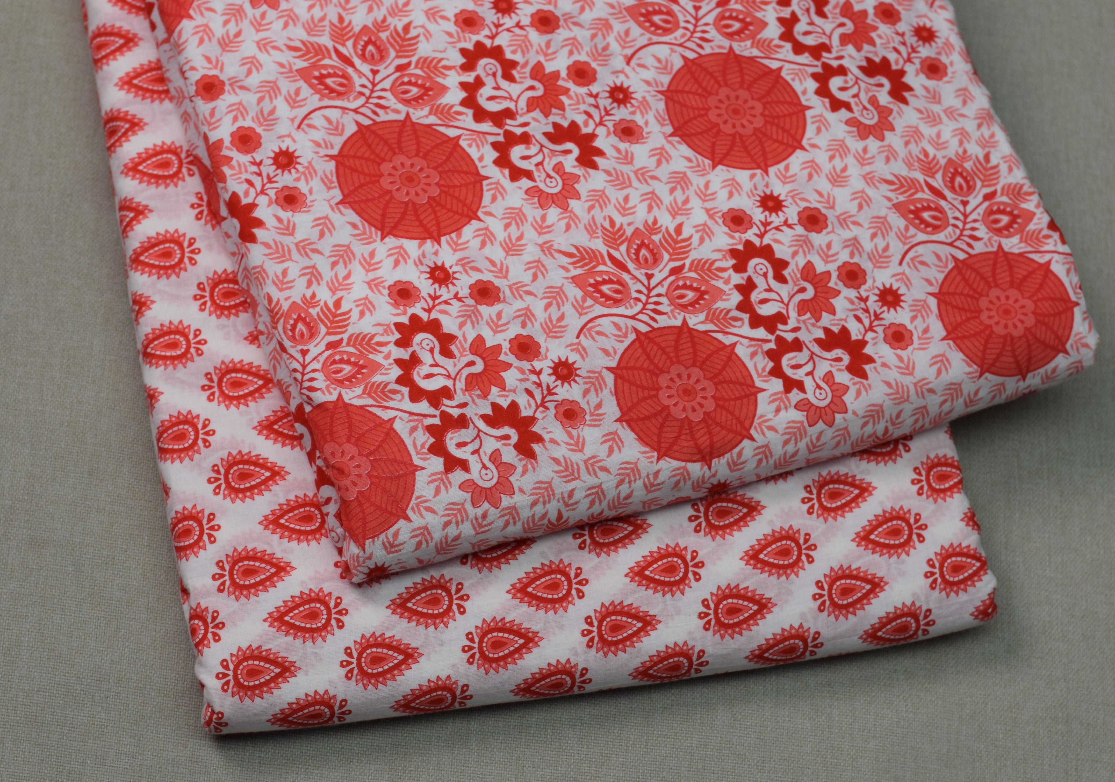 Soft Cotton Floral Print Dress Material Set – White & Coral Red | Top &aBottom Fabric