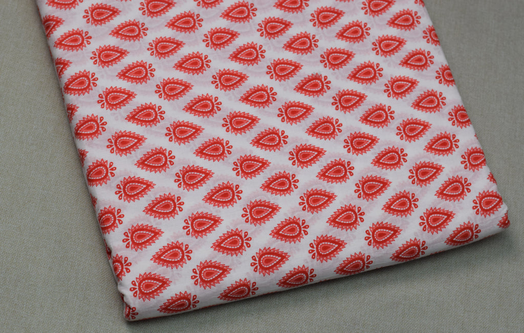 Soft Cotton Floral Print Dress Material Set – White & Coral Red | Top &aBottom Fabric