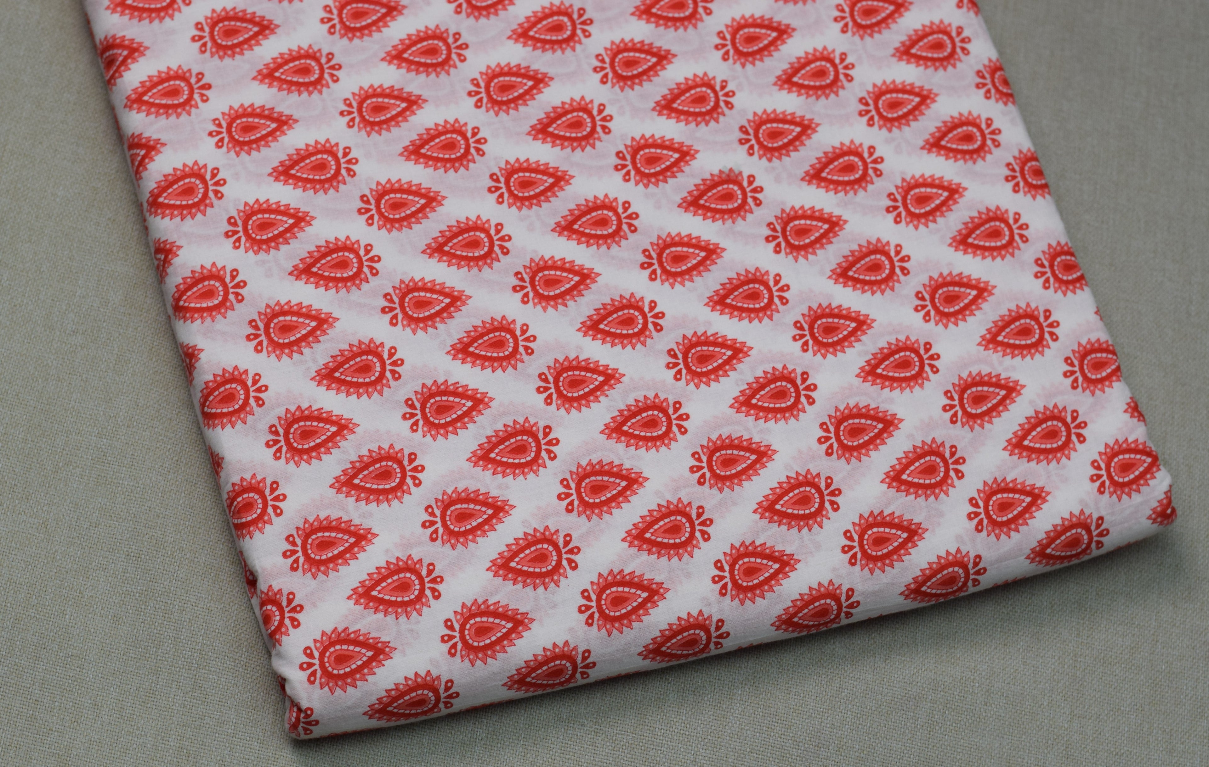 Soft Cotton Floral Print Dress Material Set – White & Coral Red | Top &aBottom Fabric