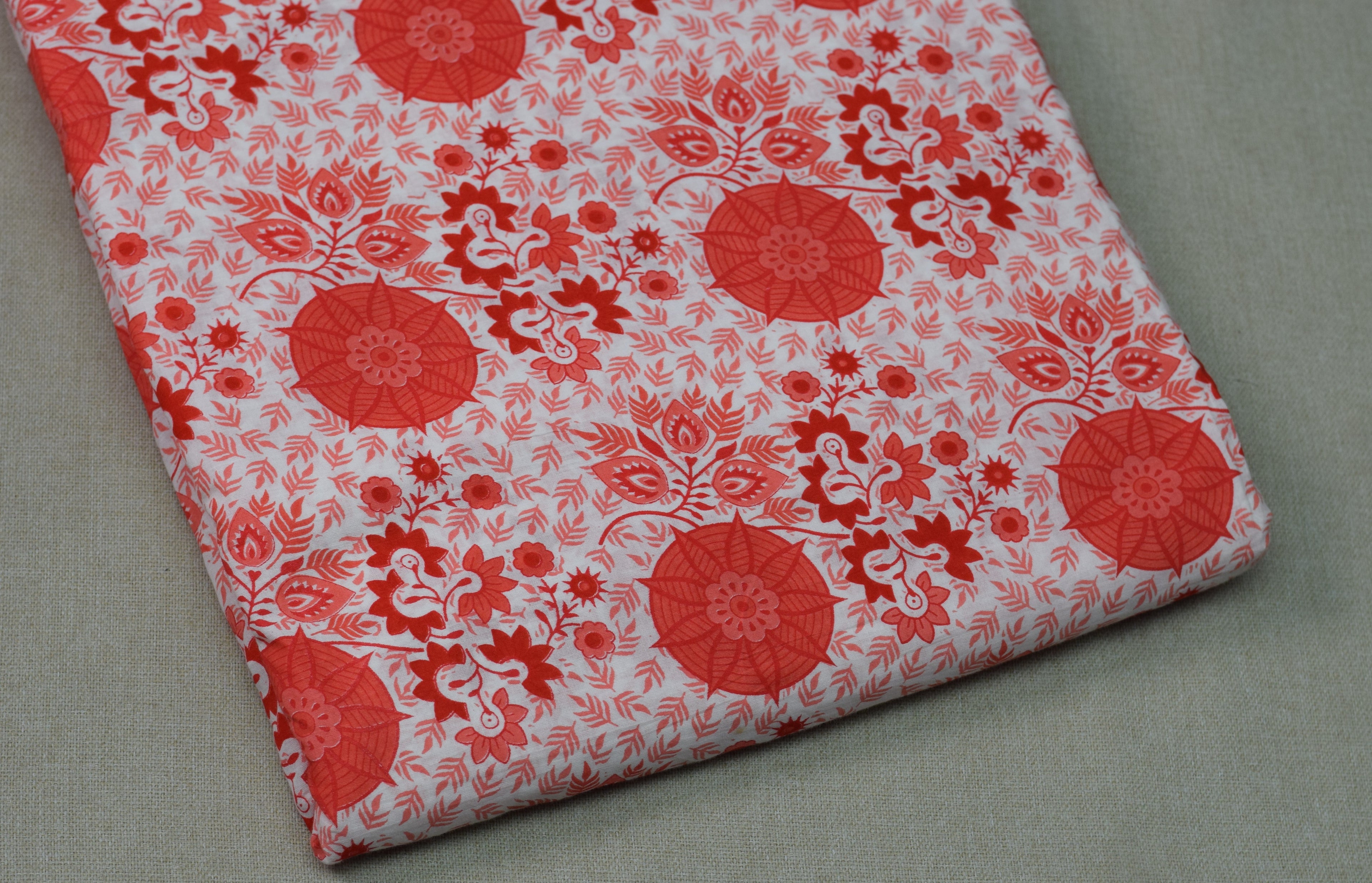 Soft Cotton Floral Print Dress Material Set – White & Coral Red | Top &aBottom Fabric