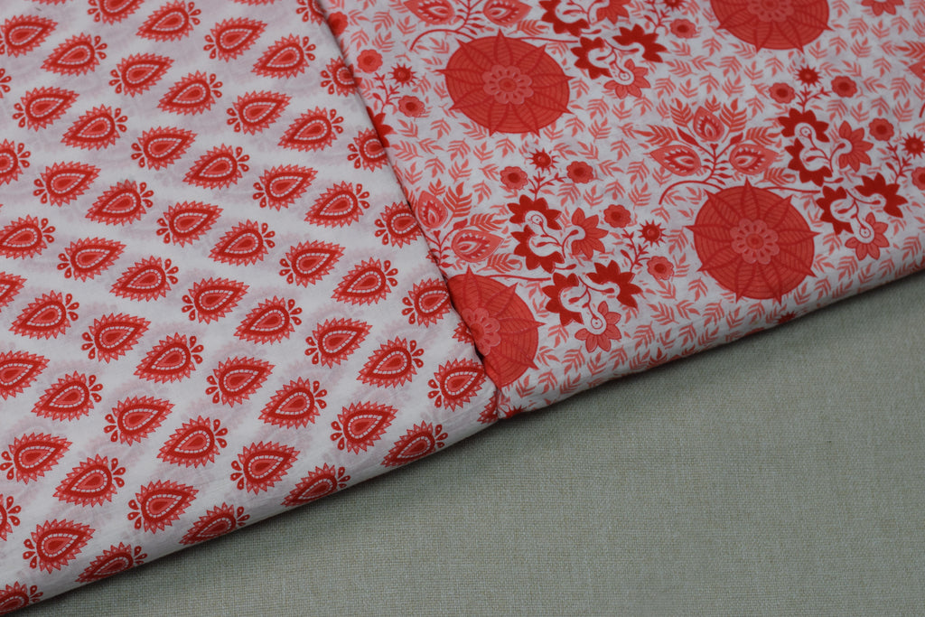 Soft Cotton Floral Print Dress Material Set – White & Coral Red | Top &aBottom Fabric