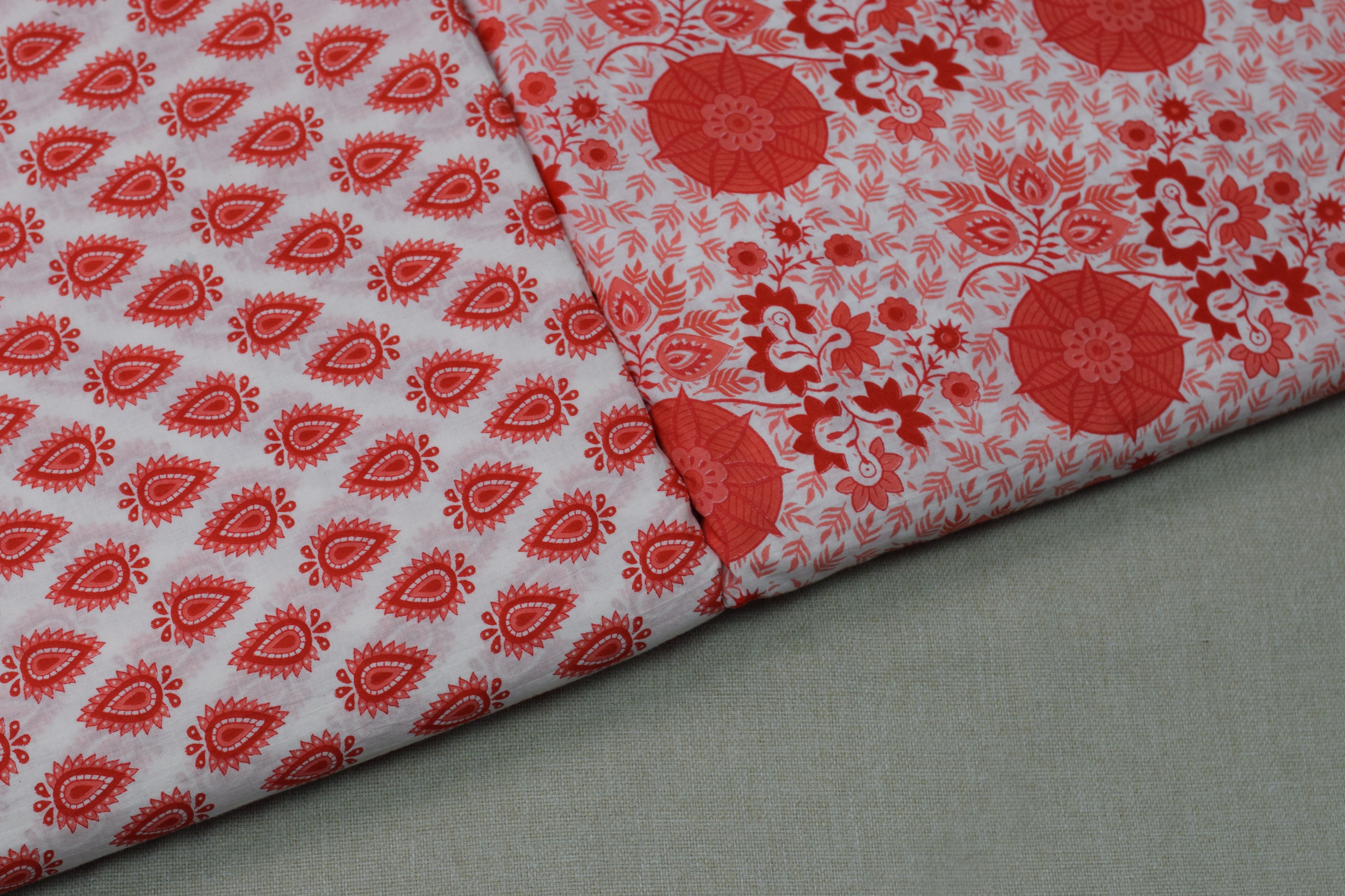Soft Cotton Floral Print Dress Material Set – White & Coral Red | Top &aBottom Fabric