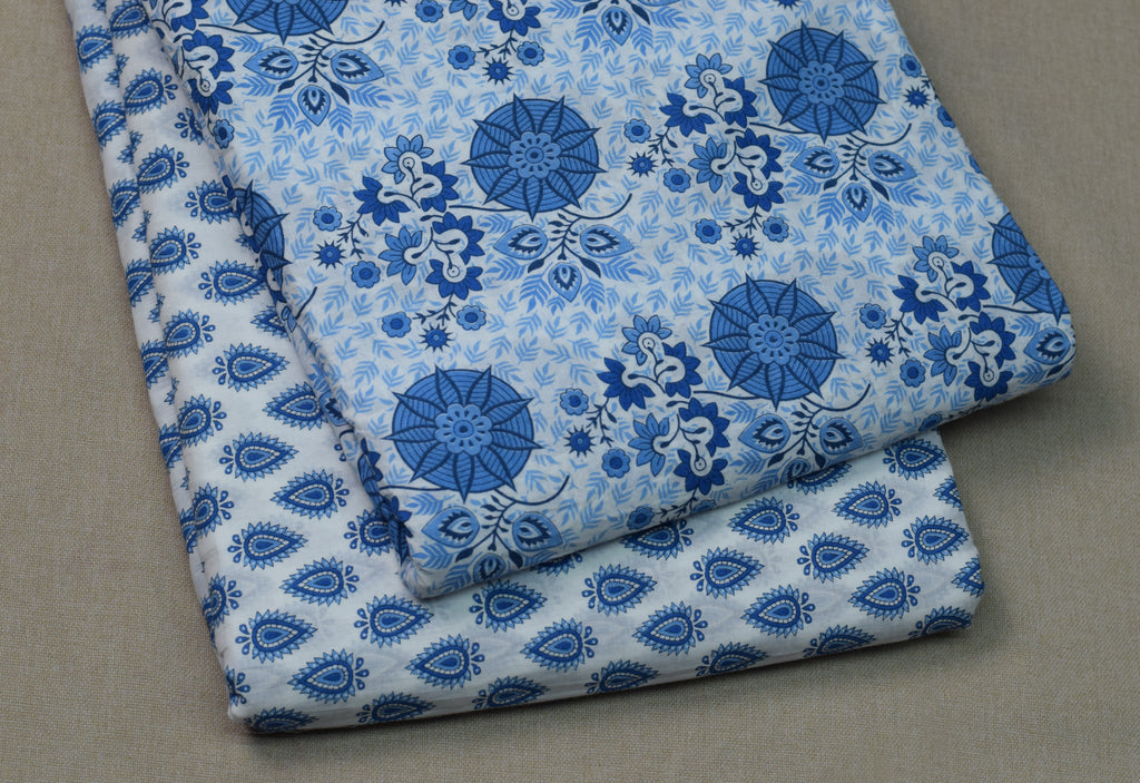 Soft Cotton Blue Floral Printed Dress Material Set – Top & Bottom Fabric | 44" Width