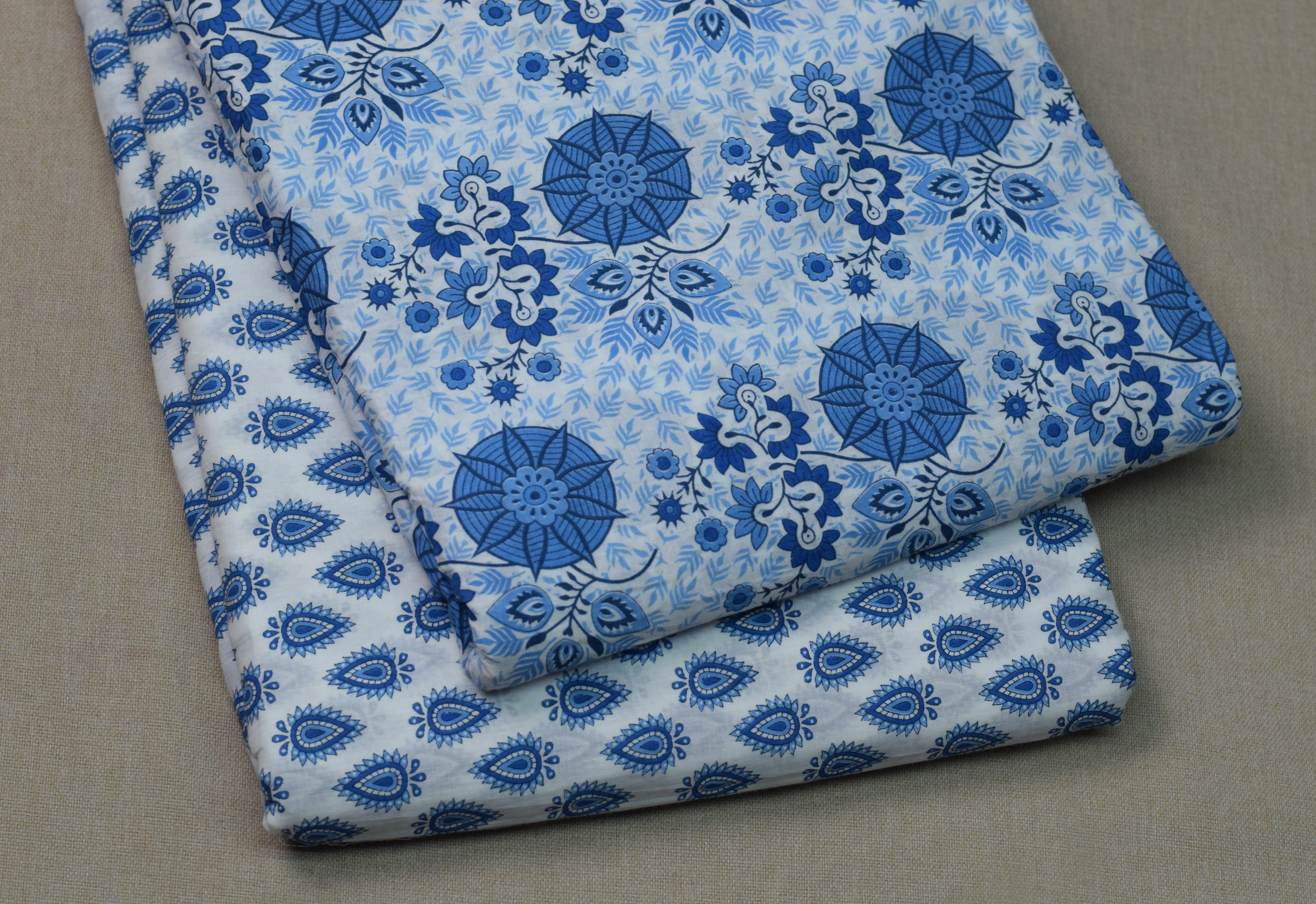 Soft Cotton Blue Floral Printed Dress Material Set – Top & Bottom Fabric | 44" Width