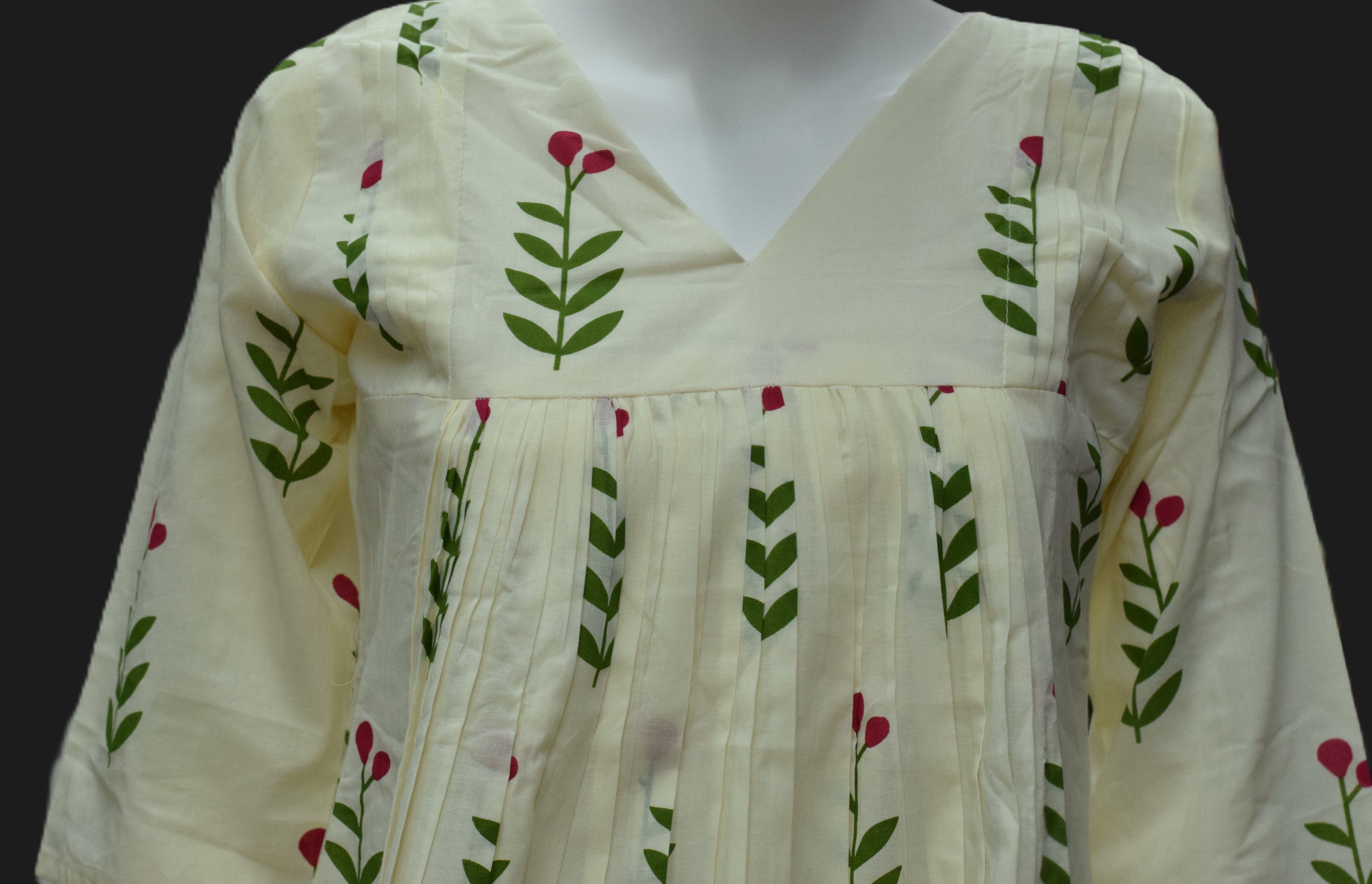 Elegant Cream Floral Print Cotton Churidar Top & Bottom Set for Women