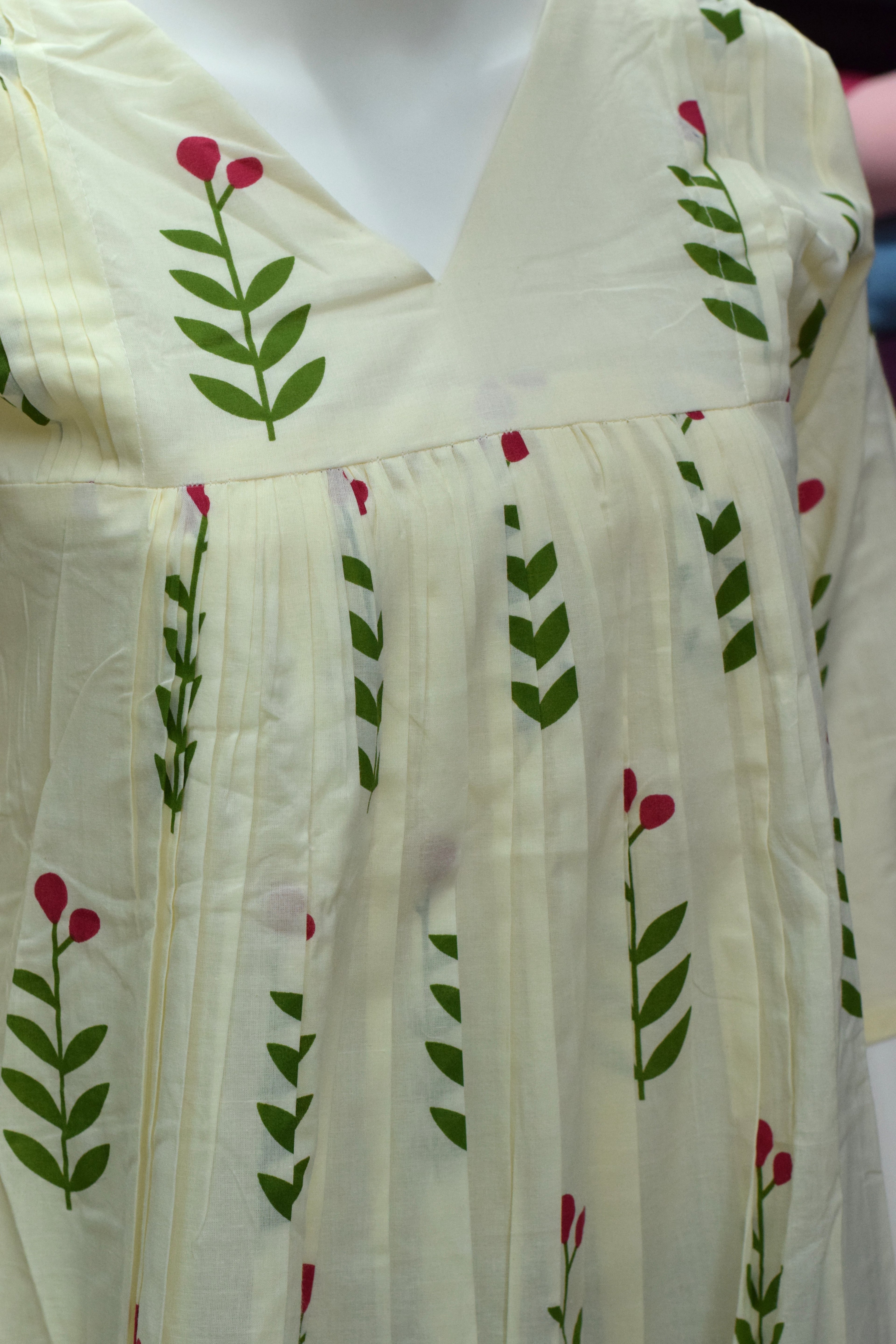 Elegant Cream Floral Print Cotton Churidar Top & Bottom Set for Women