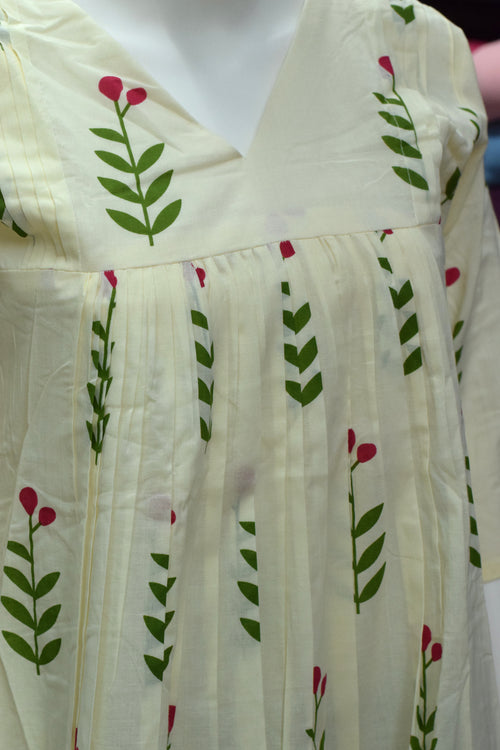Elegant Cream Floral Print Cotton Churidar Top & Bottom Set for Women