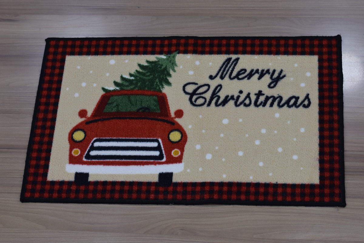 Merry Christmas Red Truck Floor Mat – 70 x 40 cm | Christmas Tree Holiday Door Mat