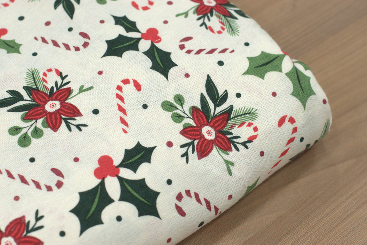 Christmas Printed Running Fabric – 60 Inch Wide Poinsettia & Holly Design Home Décor Material