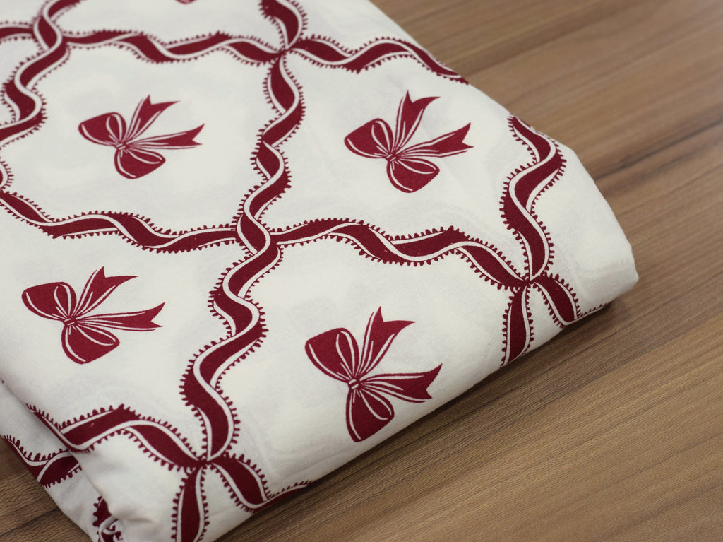 Festive Bow Printed Running Fabric – 60 Inch Wide Table Cloth, Table Runner & Cushion Cover Material