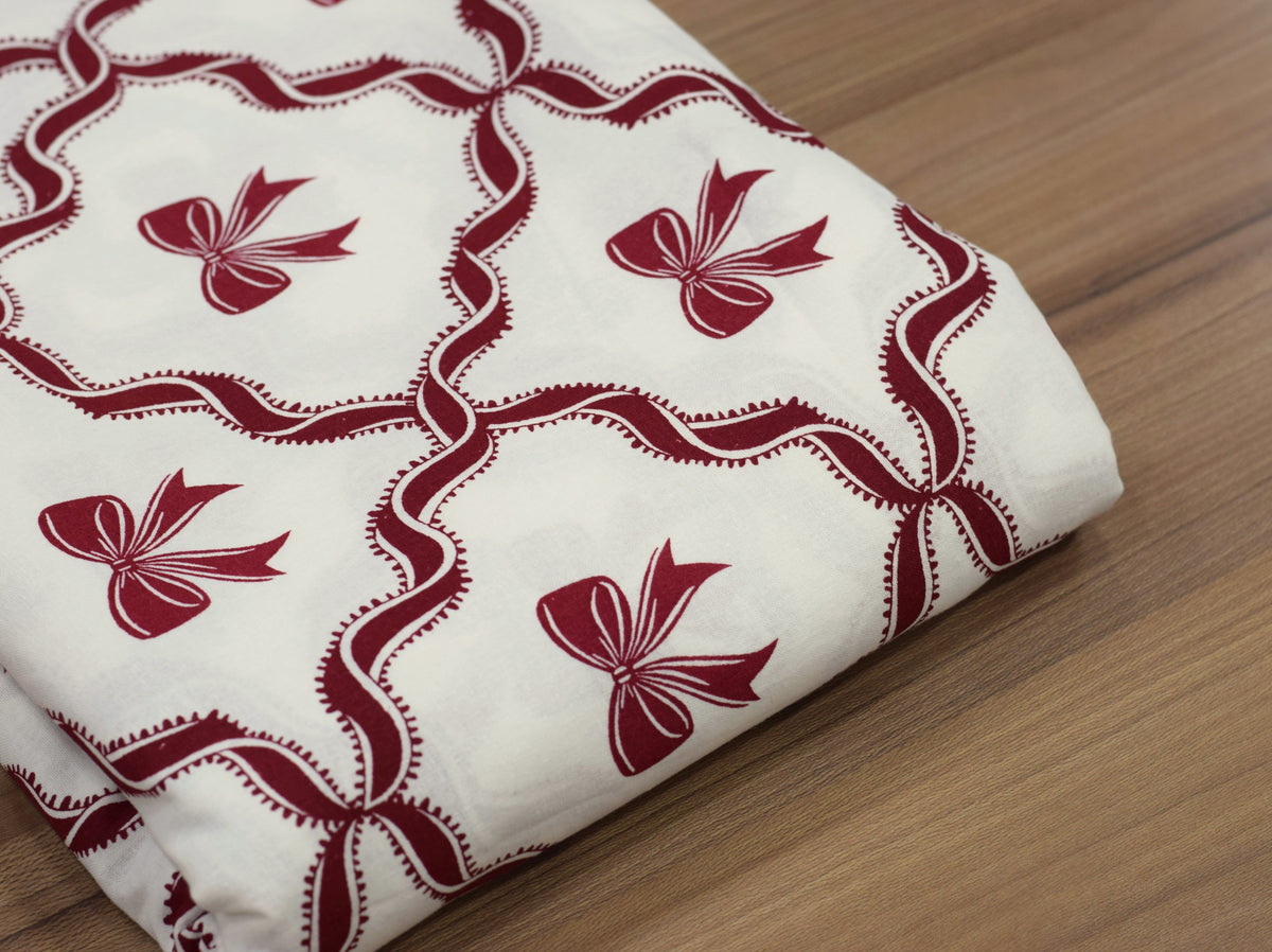 Festive Bow Printed Running Fabric – 60 Inch Wide Table Cloth, Table Runner & Cushion Cover Material