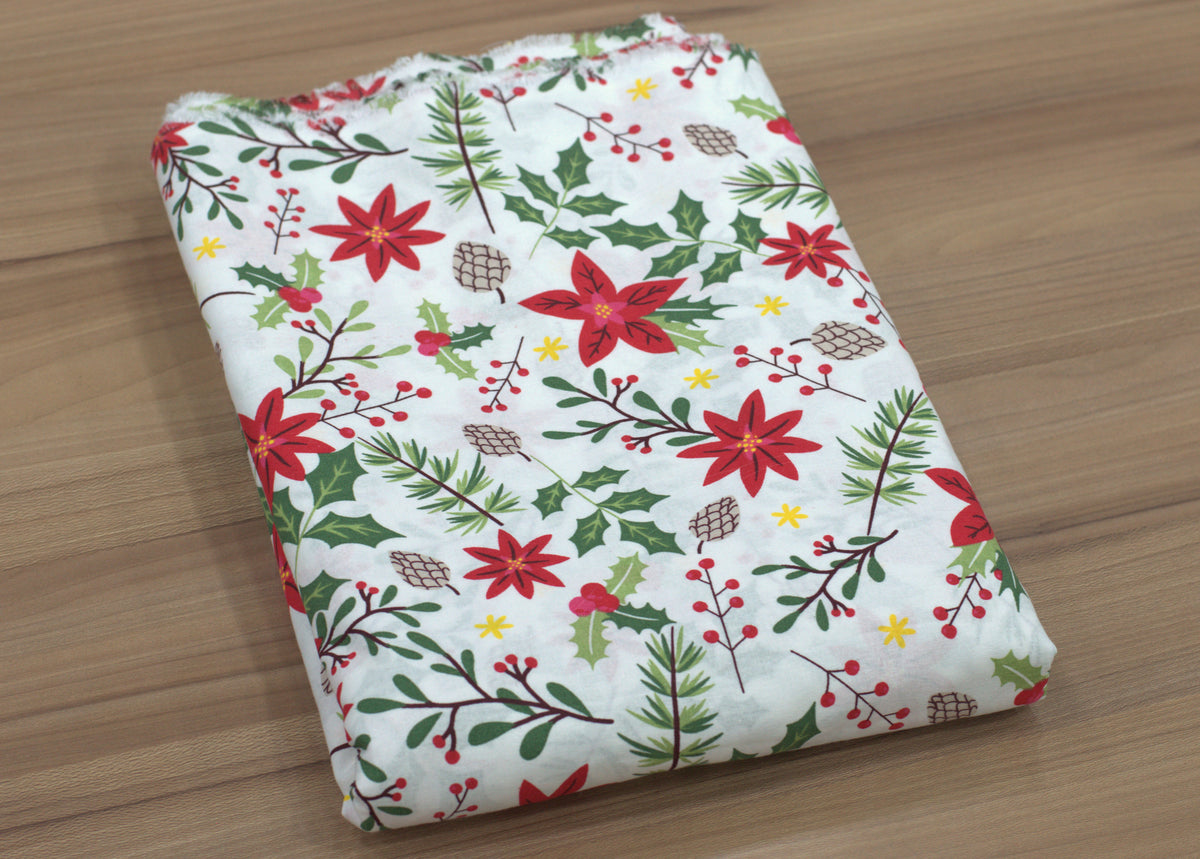 Christmas Printed Running Fabric – 60 Inch Wide Poinsettia, Holly & Pine Design Home Décor Material