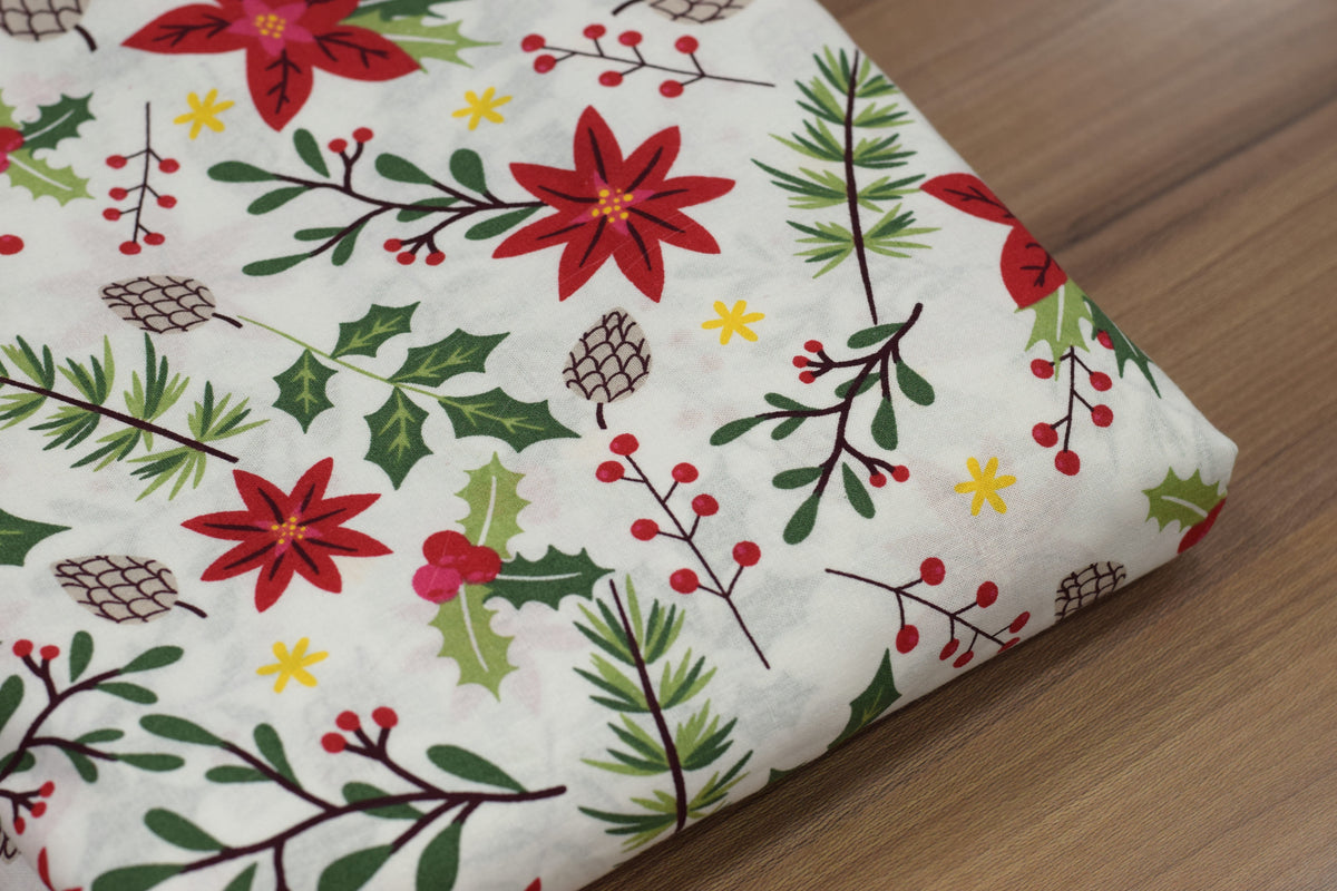 Christmas Printed Running Fabric – 60 Inch Wide Poinsettia, Holly & Pine Design Home Décor Material