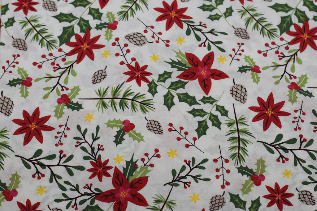 Christmas Printed Running Fabric – 60 Inch Wide Poinsettia, Holly & Pine Design Home Décor Material