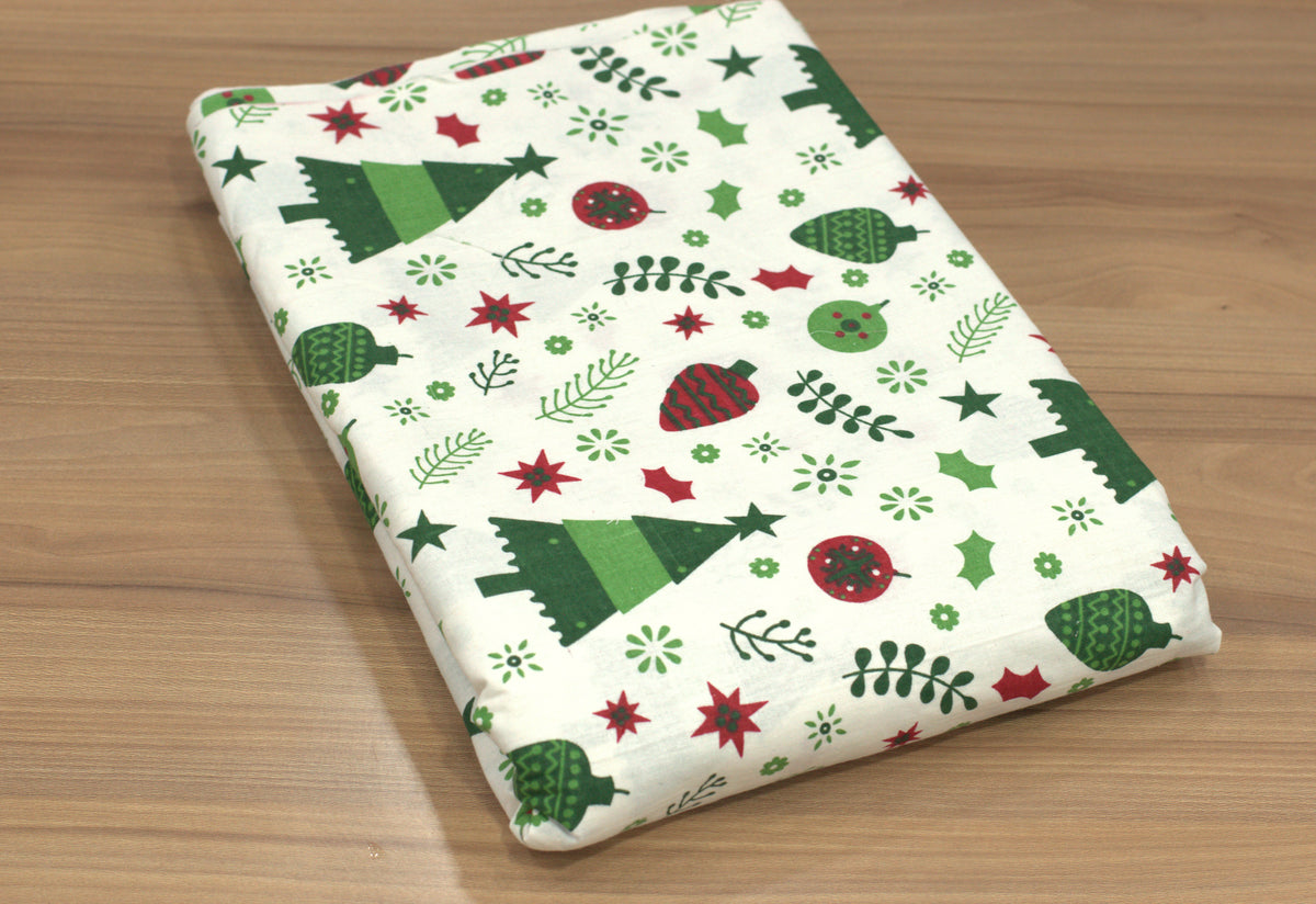 Christmas Printed Running Fabric – 60 Inch Wide Christmas Tree & Ornament Design for Table Décor