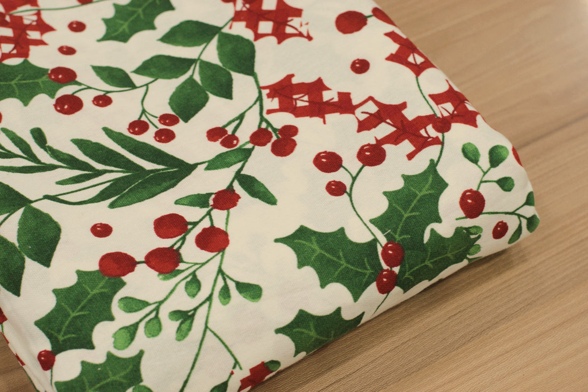 Christmas Holly & Berry Printed Fabric Running Material – 60 Inch Wide | Table Cloth, Table Runner & Cushion Cover Fabric