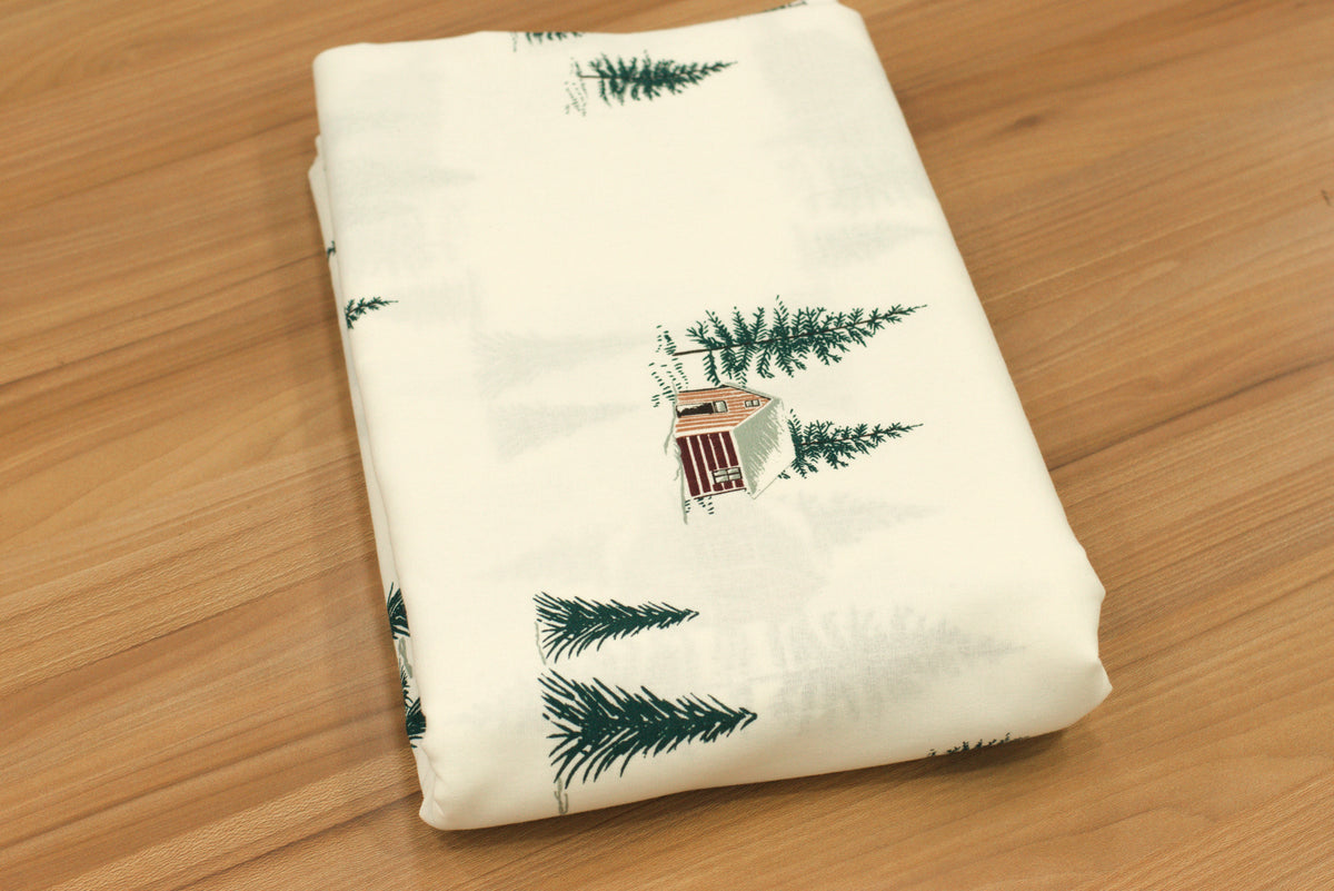 Christmas Pine Tree & Cabin Printed Fabric Running Material – 60 Inch Wide | Table Cloth, Table Runner & Cushion Cover Fabric