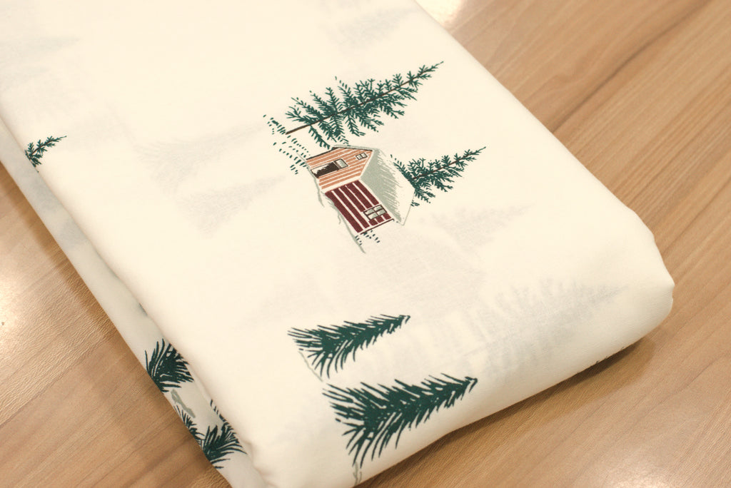 Christmas Pine Tree & Cabin Printed Fabric Running Material – 60 Inch Wide | Table Cloth, Table Runner & Cushion Cover Fabric