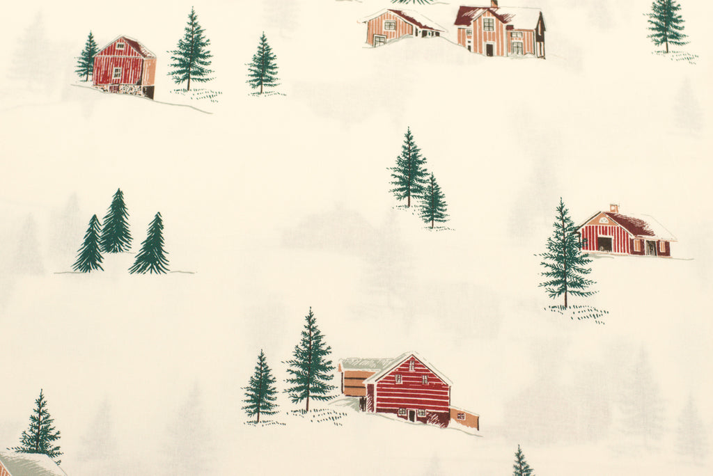 Christmas Pine Tree & Cabin Printed Fabric Running Material – 60 Inch Wide | Table Cloth, Table Runner & Cushion Cover Fabric