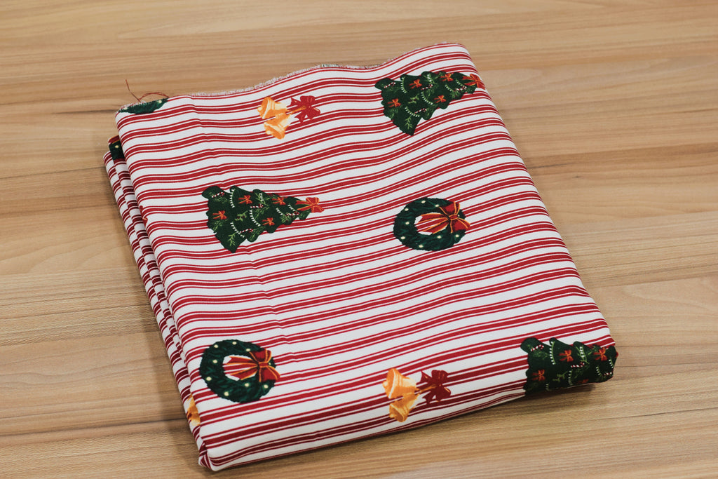 Christmas Printed Running Fabric – 60 Inch Wide Christmas Tree & Wreath Stripe Design for Table Décor