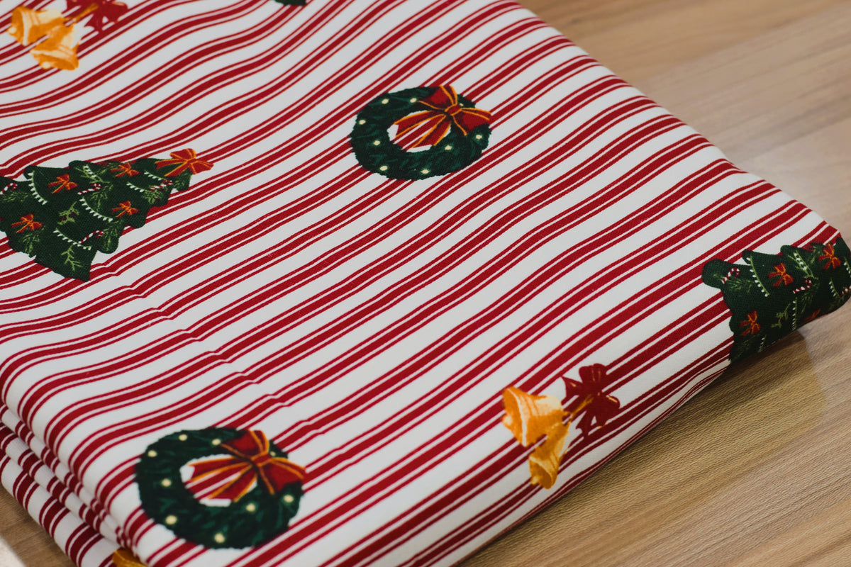 Christmas Printed Running Fabric – 60 Inch Wide Christmas Tree & Wreath Stripe Design for Table Décor
