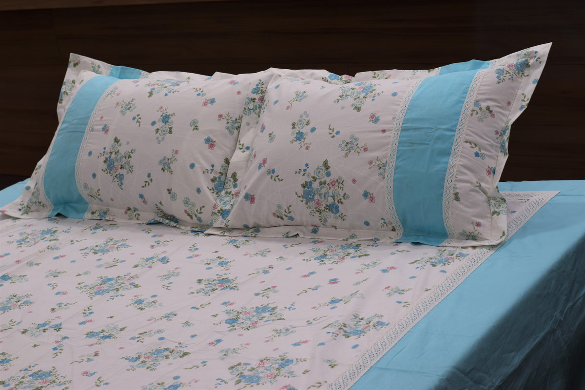 King Size Floral Bedspread Set with Sky Blue Accents and Matching – Nushio by Pulpel