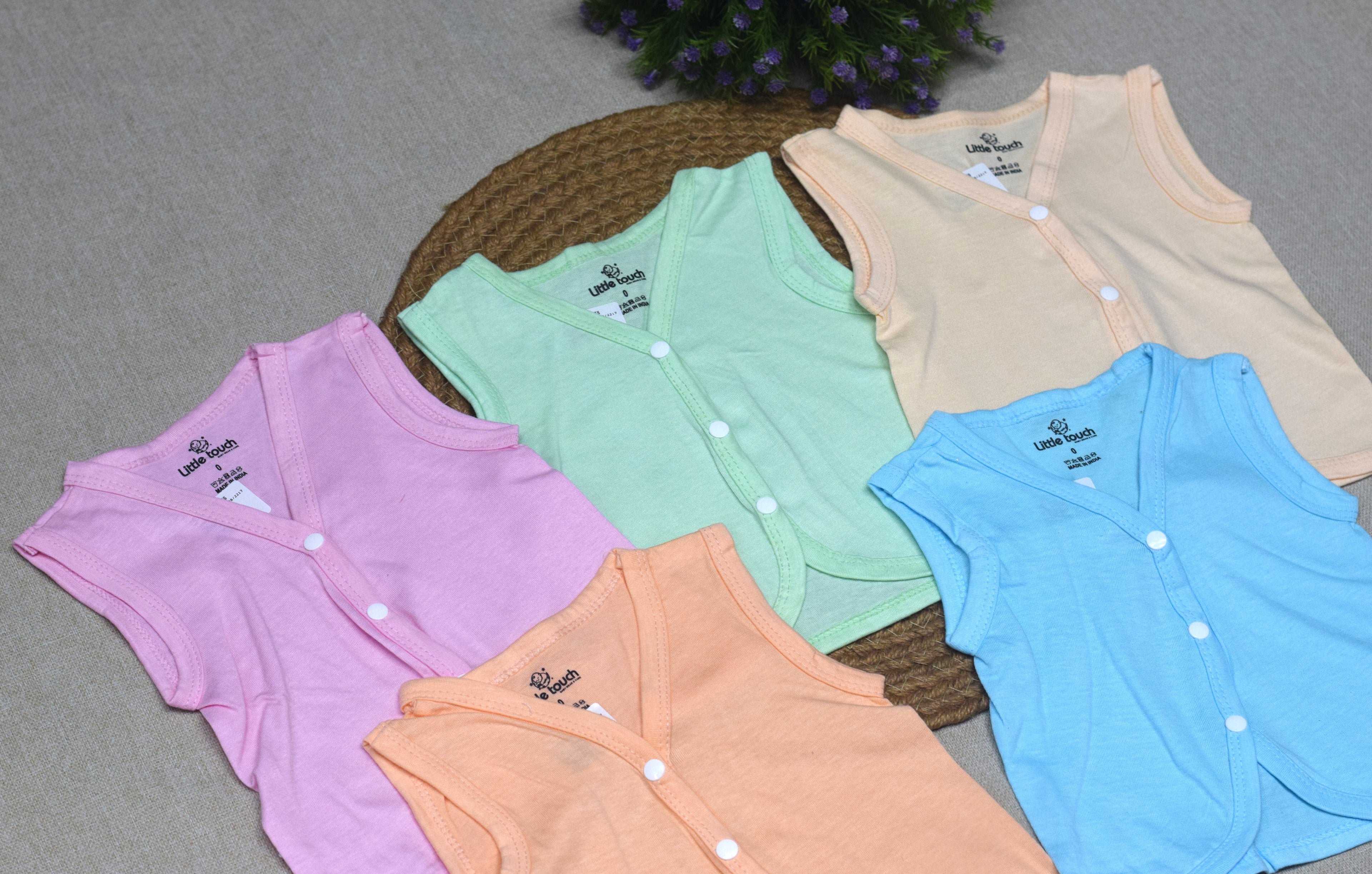Kettuduppu Baby Vest Set – 5 Soft Cotton Sleeveless Front Open Tops (Multi-Color Pack)