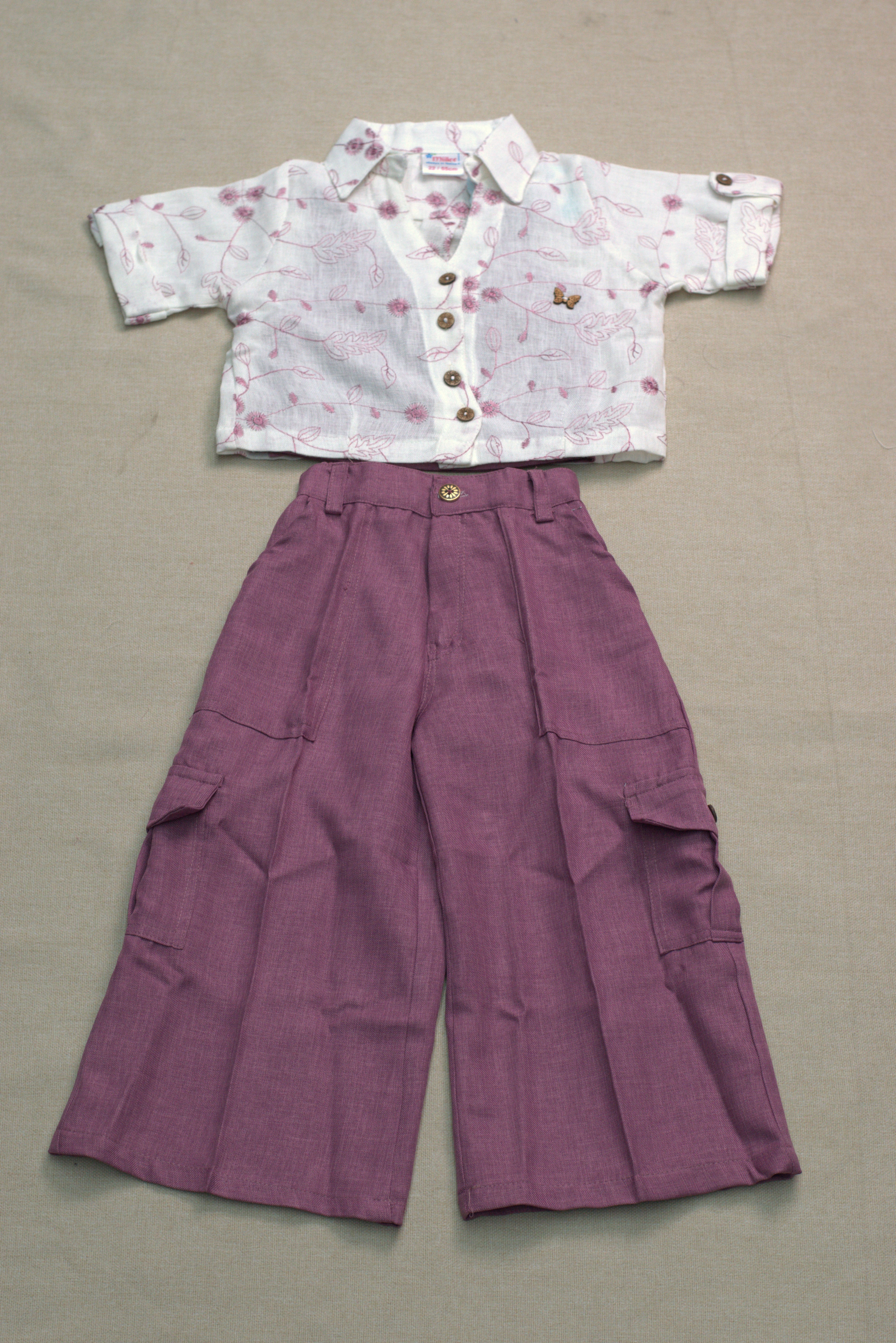 Girls 3-Piece Co-Ord Set – Floral Printed Shirt, Solid Crop Top & Wide-Leg Cargo Pants | Mauve &  White