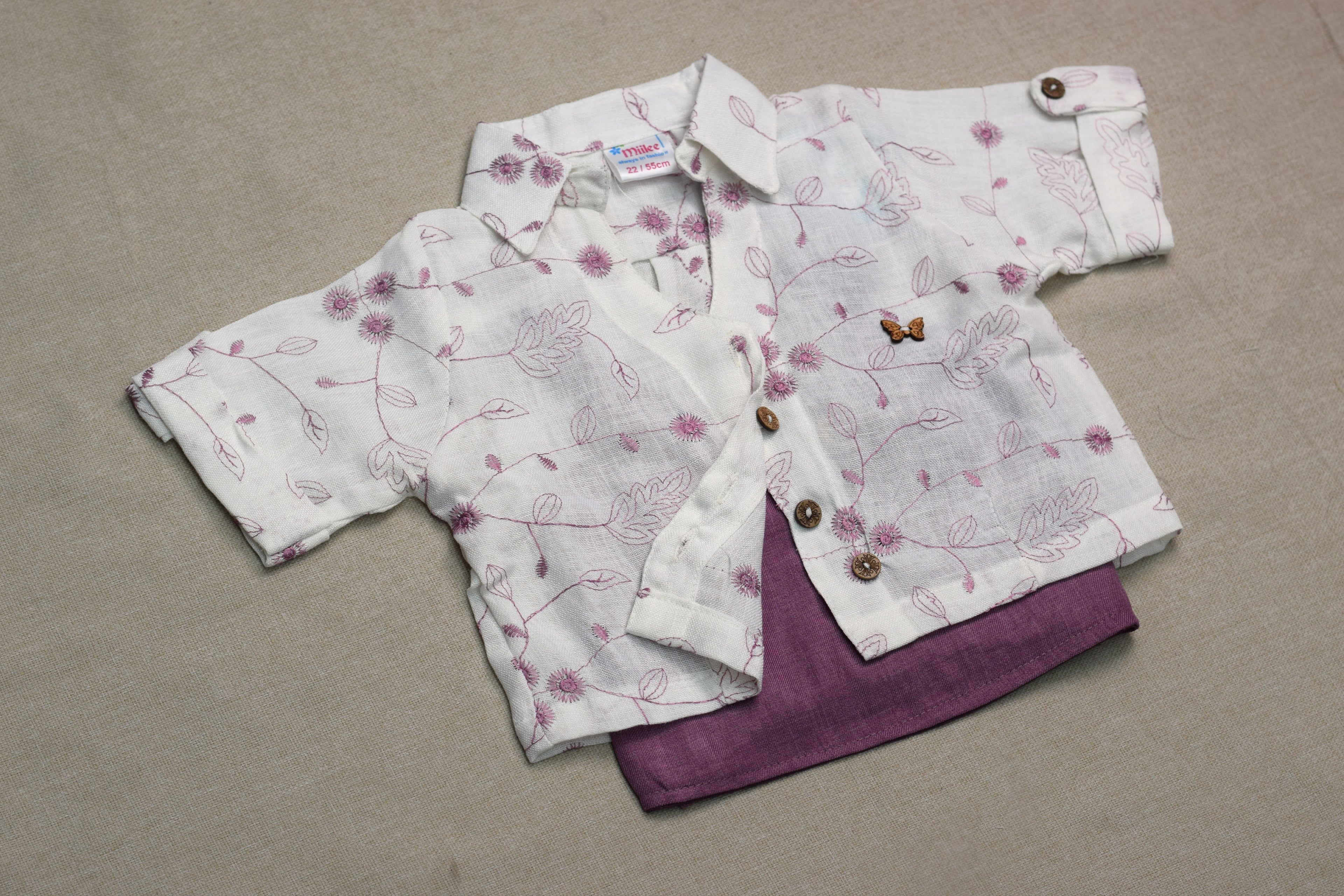 Girls 3-Piece Co-Ord Set – Floral Printed Shirt, Solid Crop Top & Wide-Leg Cargo Pants | Mauve &  White