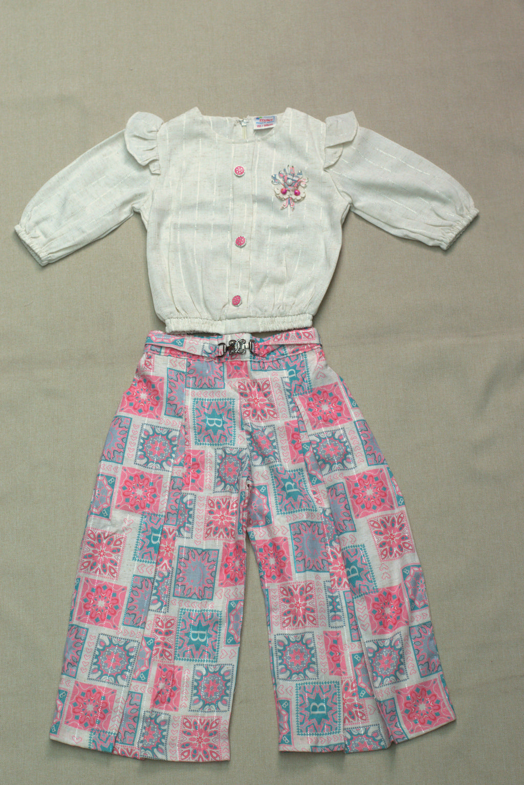 Girls Printed Co-Ord Set with Embroidered Top & Palazzo Pants – White & Pink