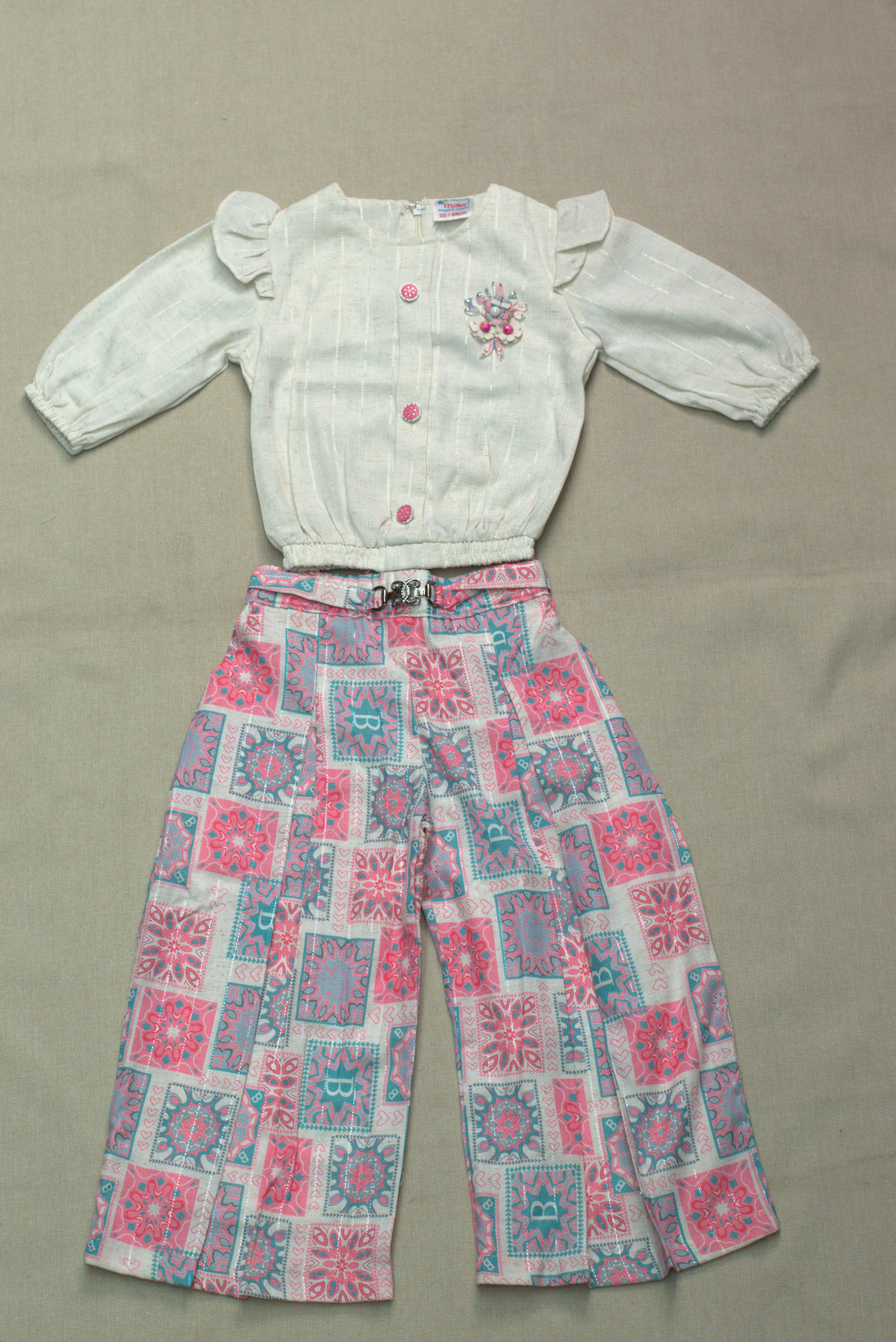 Girls Printed Co-Ord Set with Embroidered Top & Palazzo Pants – White & Pink