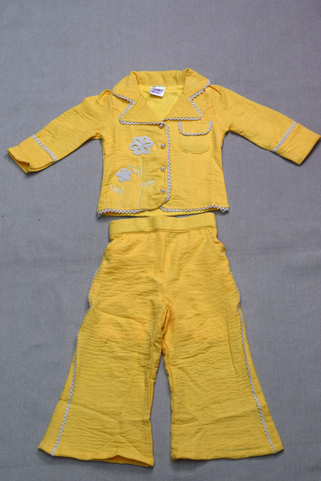 Girls Yellow Floral Embroidered Co-Ord Set for Kids | Stylish Jacket & Wide-Leg Pants Set