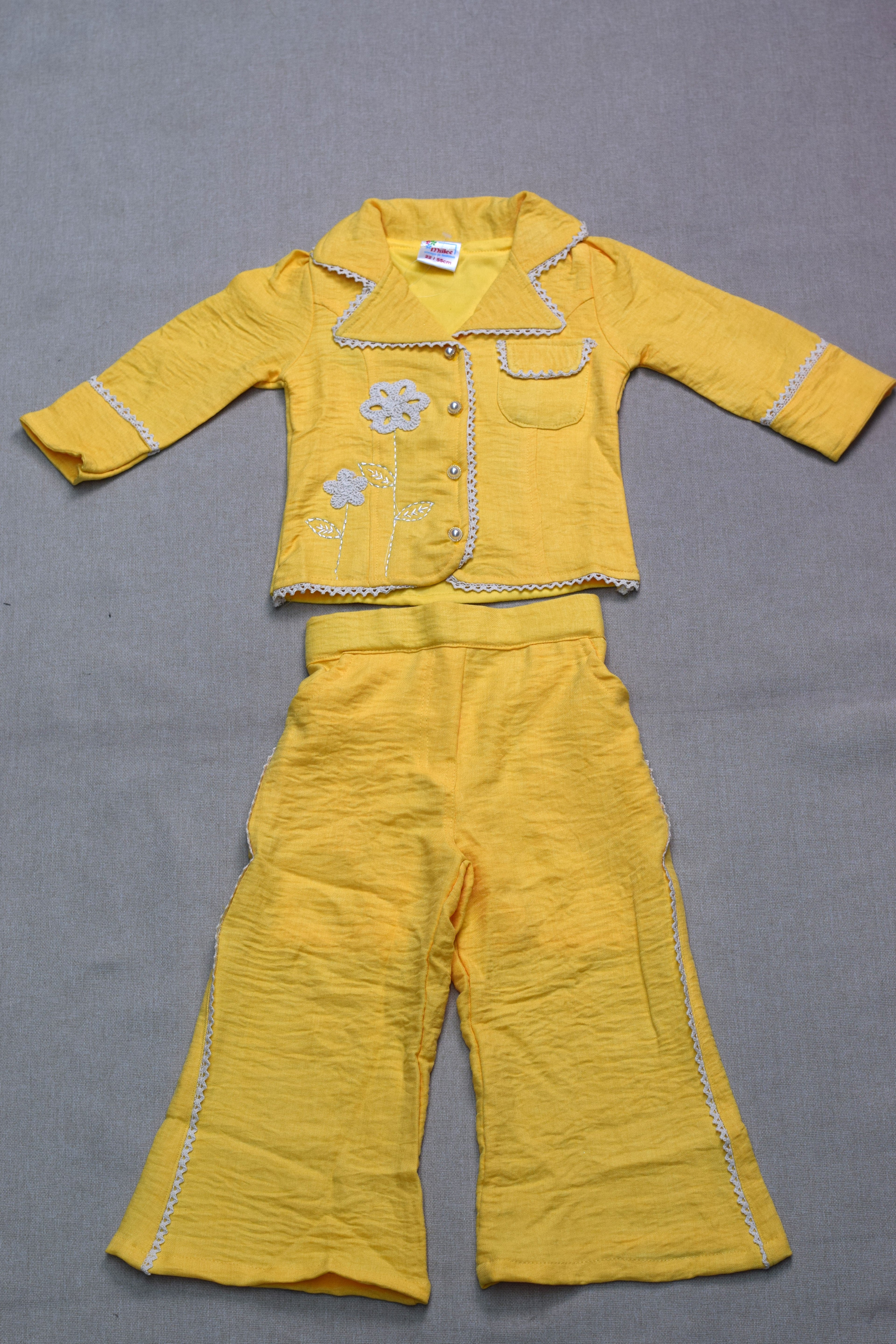 Girls Yellow Floral Embroidered Co-Ord Set for Kids | Stylish Jacket & Wide-Leg Pants Set