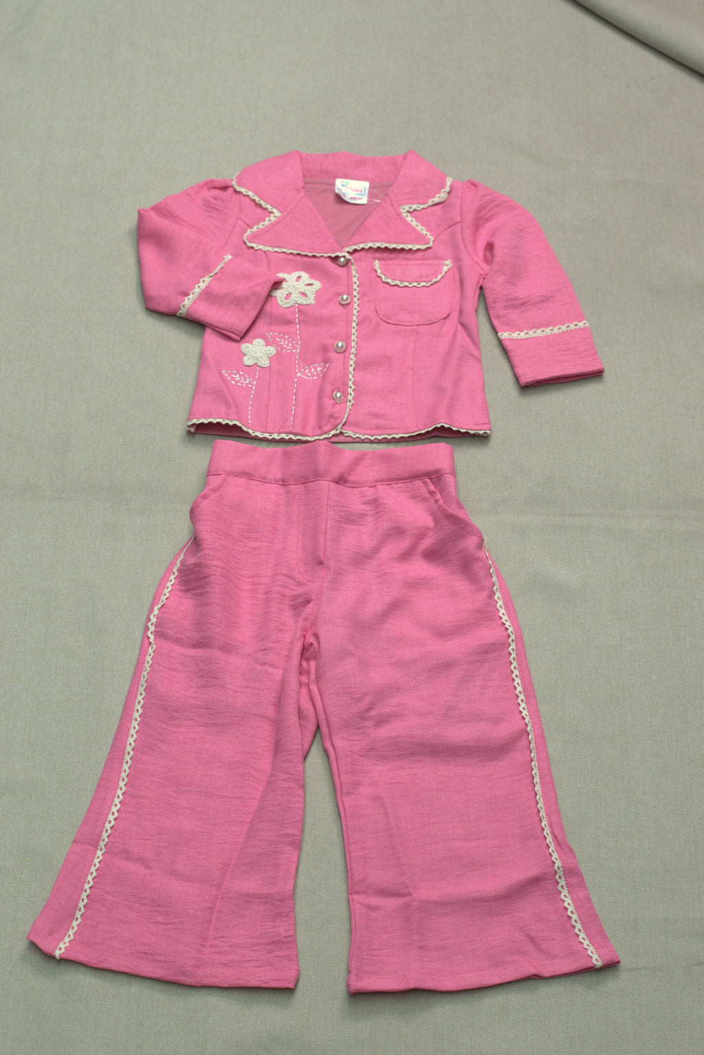Girls Pink Floral Embroidered Co-Ord Set | Stylish Shirt & Wide-Leg Pant Set for Kids