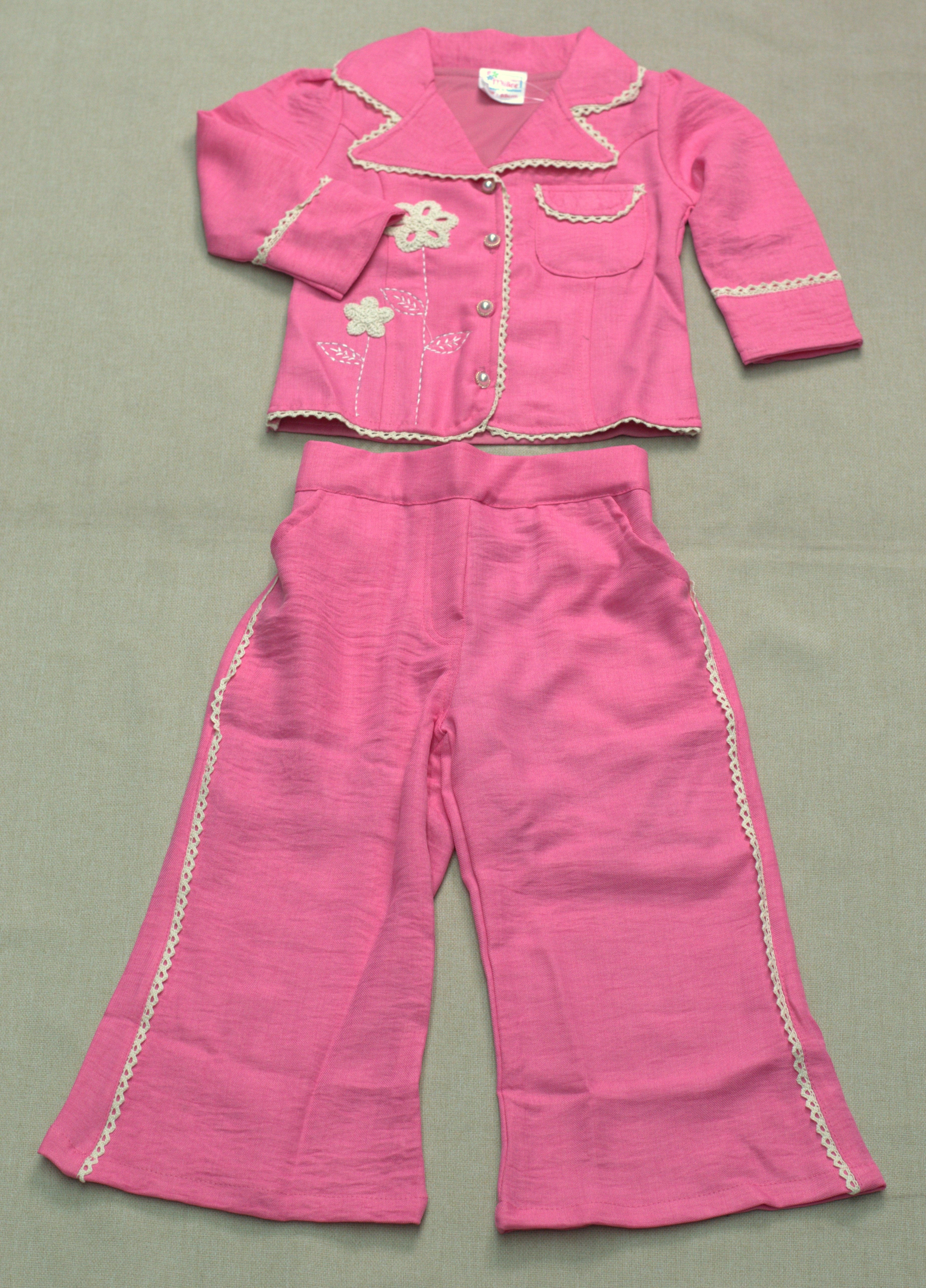 Girls Pink Floral Embroidered Co-Ord Set | Stylish Shirt & Wide-Leg Pant Set for Kids
