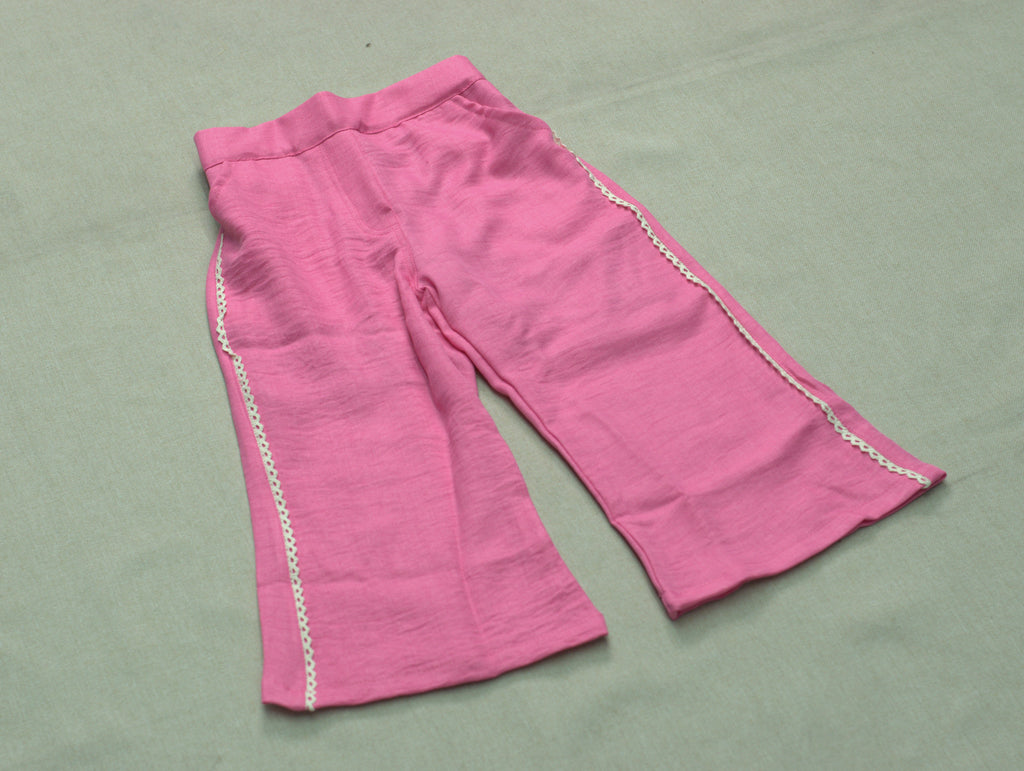 Girls Pink Floral Embroidered Co-Ord Set | Stylish Shirt & Wide-Leg Pant Set for Kids
