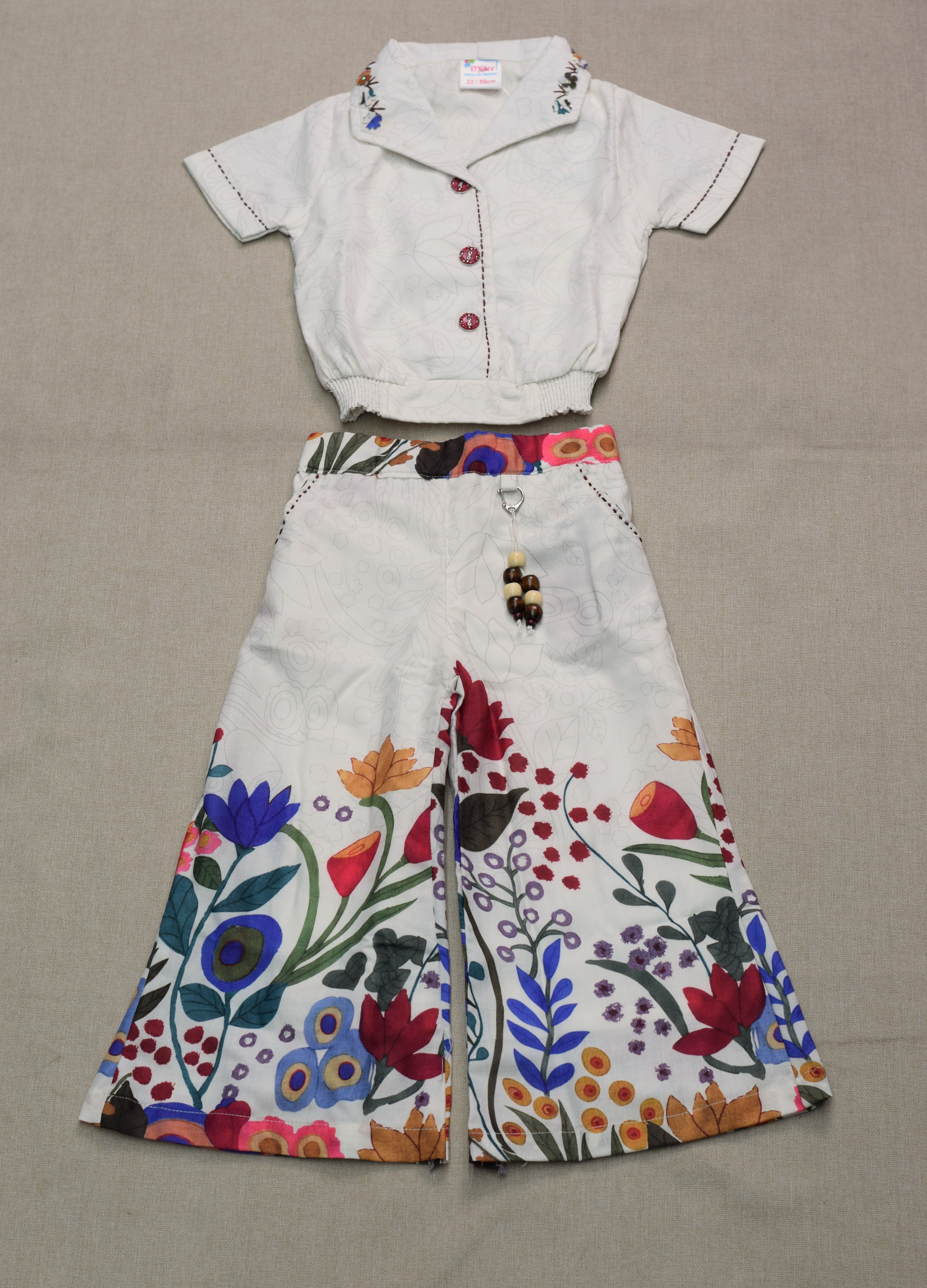 Girls White Floral Printed Co-Ord Set | Stylish Crop Top & Wide Leg Pants for Kids