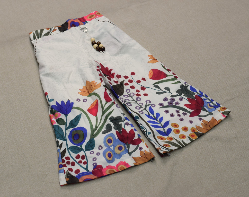 Girls White Floral Printed Co-Ord Set | Stylish Crop Top & Wide Leg Pants for Kids