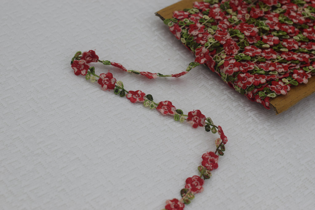 Premium Imported Floral Lace Trim – Red & Green Embroidered Designer Lace