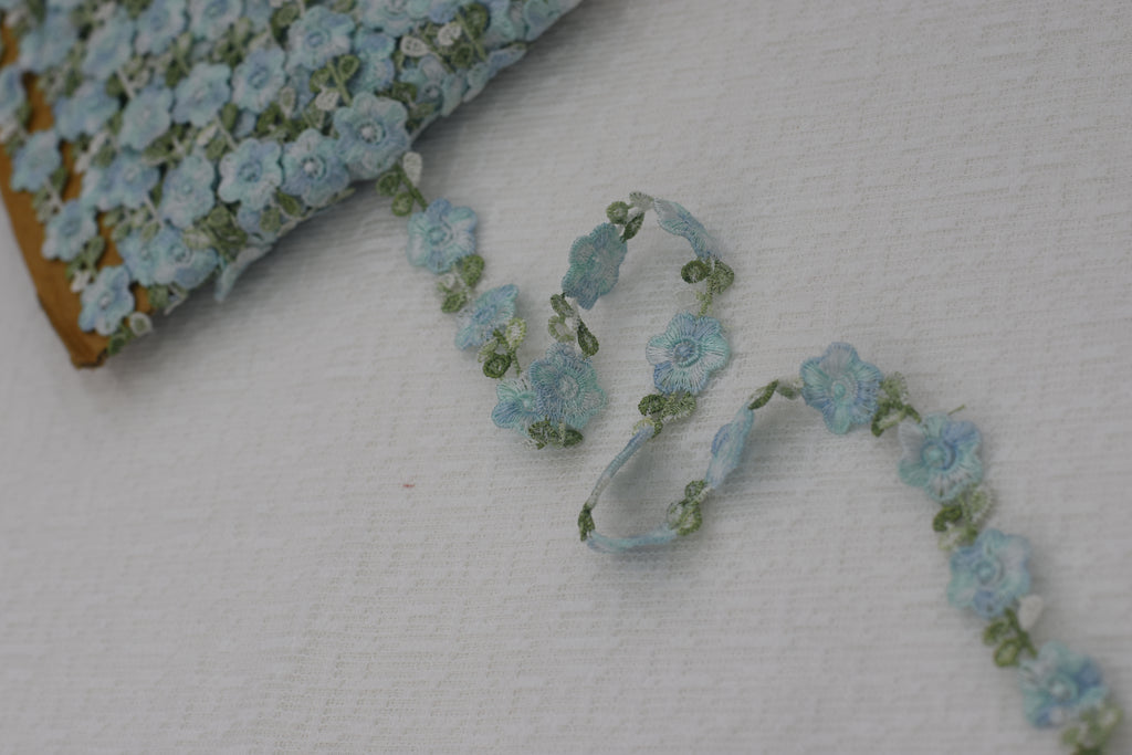 Imported Floral Embroidered Lace Trim – Sky Blue & Green Vine Design