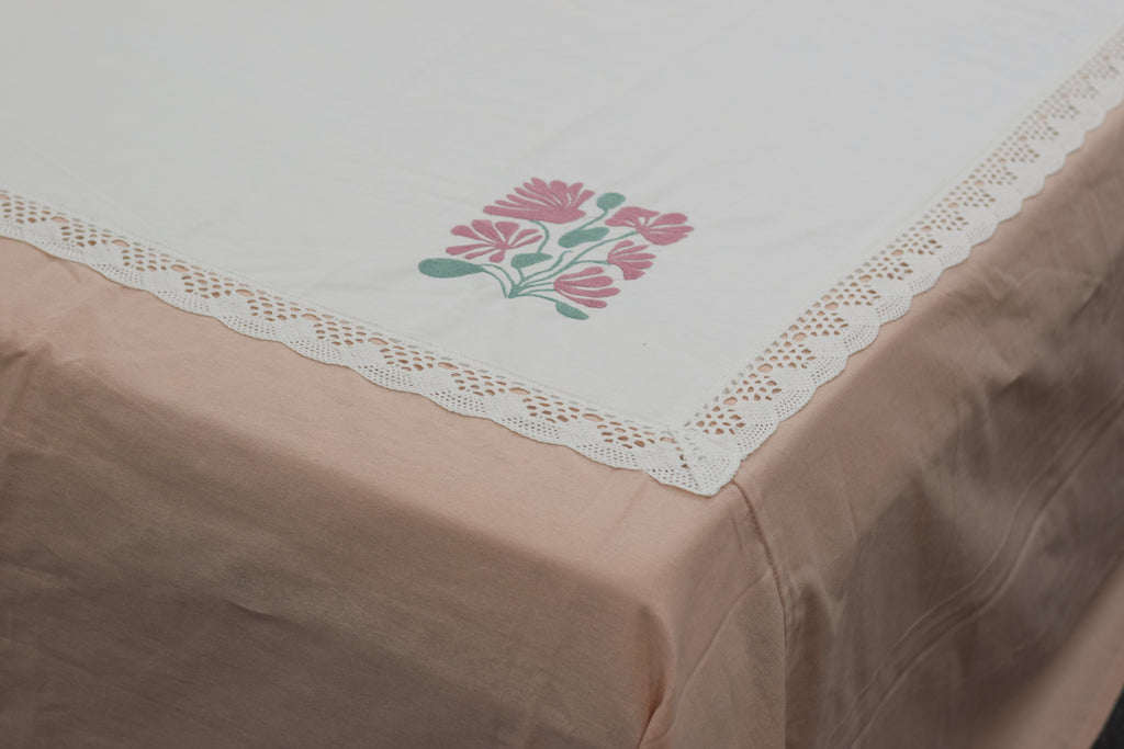 King Size Floral Embroidered Bedspread Set with 2 Pillow Covers | Peach & White |