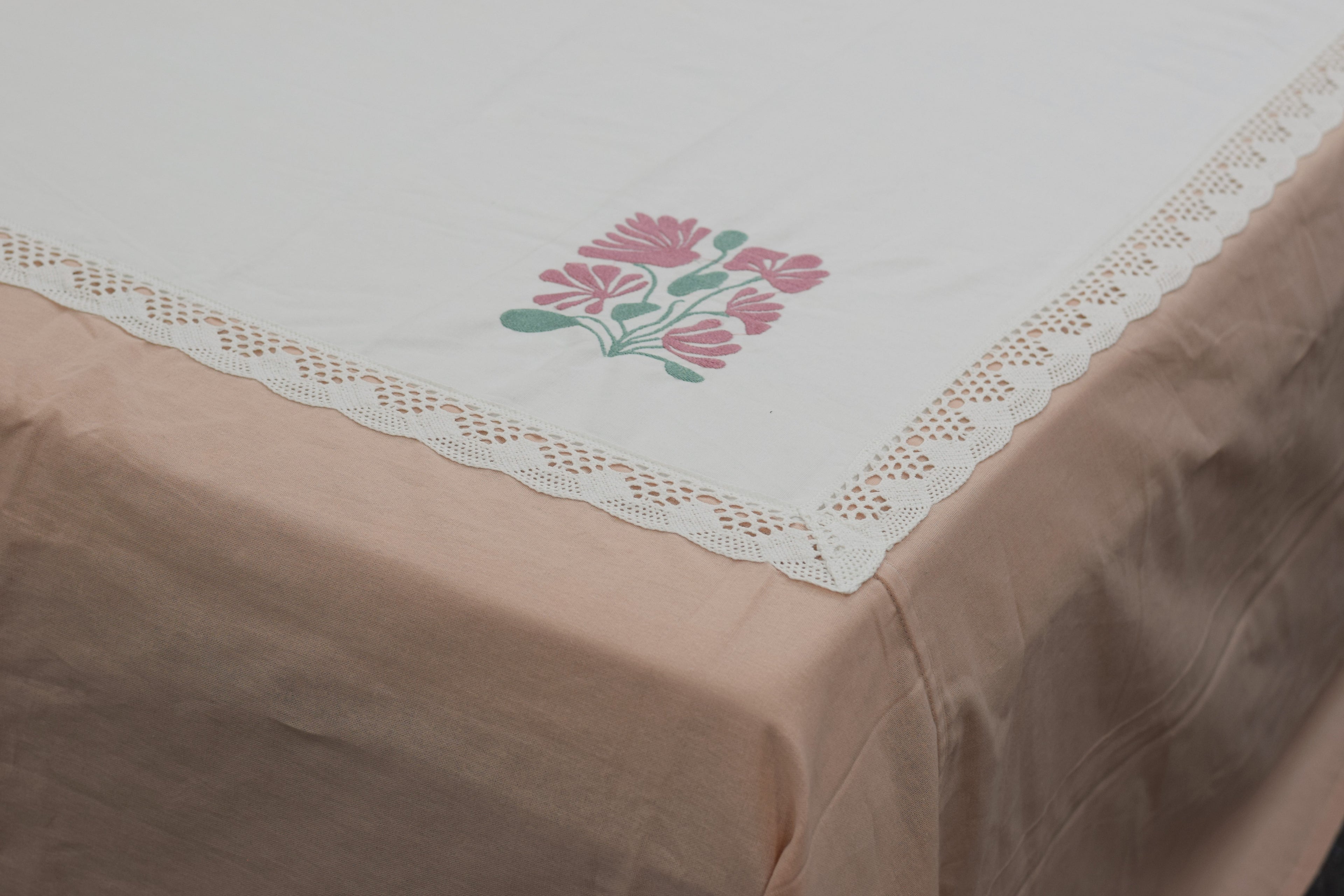 King Size Floral Embroidered Bedspread Set with 2 Pillow Covers | Peach & White |