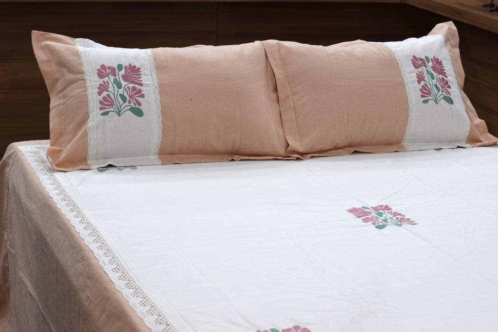 King Size Floral Embroidered Bedspread Set with 2 Pillow Covers | Peach & White |