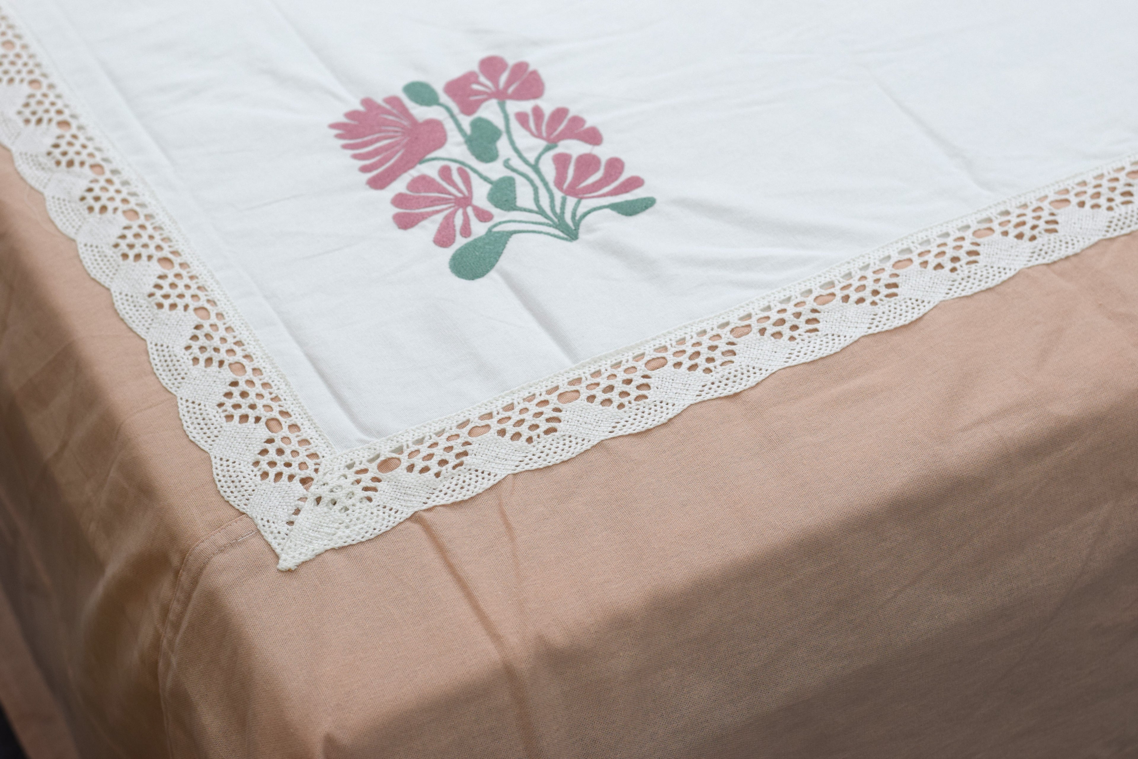 King Size Floral Embroidered Bedspread Set with 2 Pillow Covers | Peach & White |